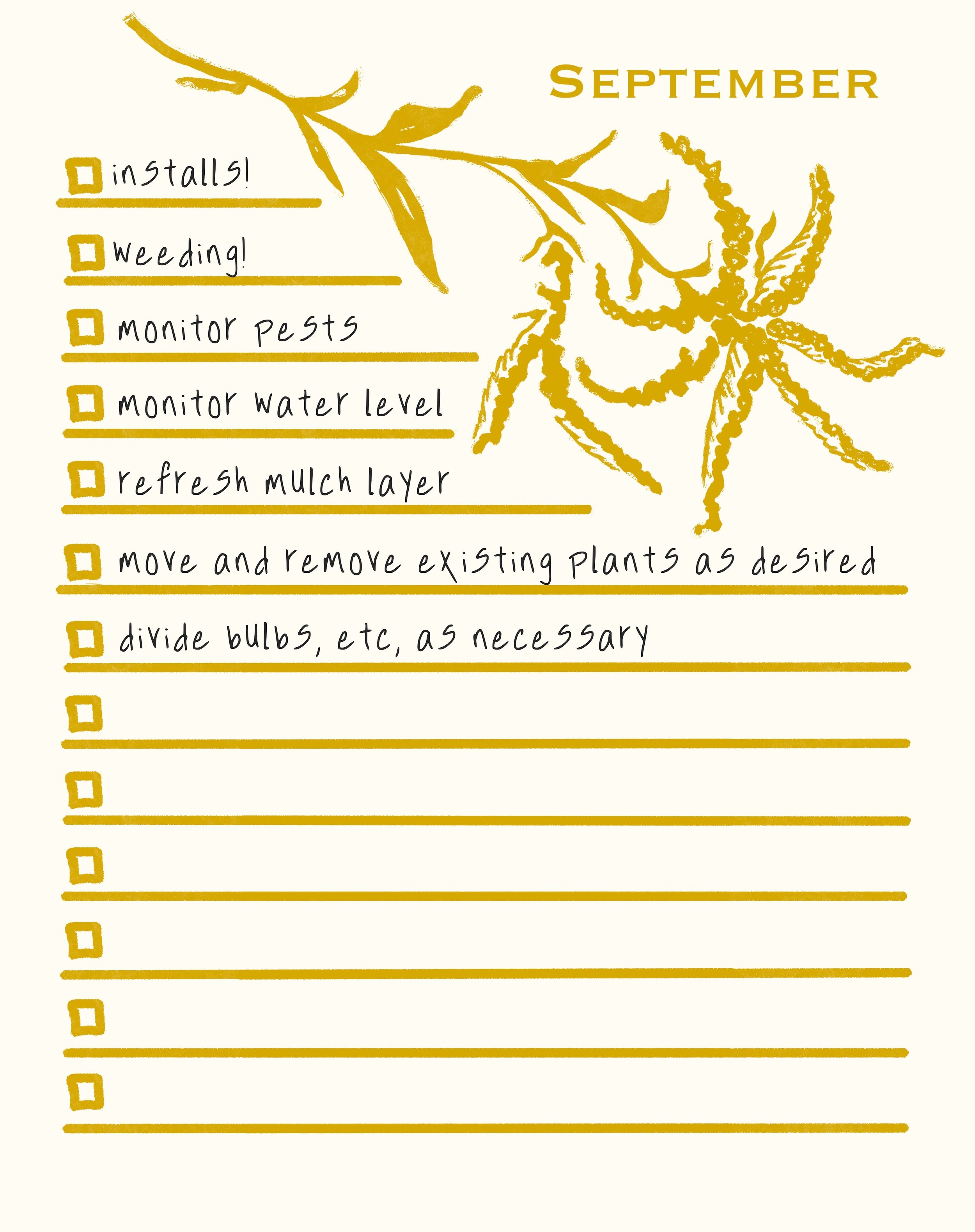 A September gardening to-do list with illustrations of a branch and a spider.