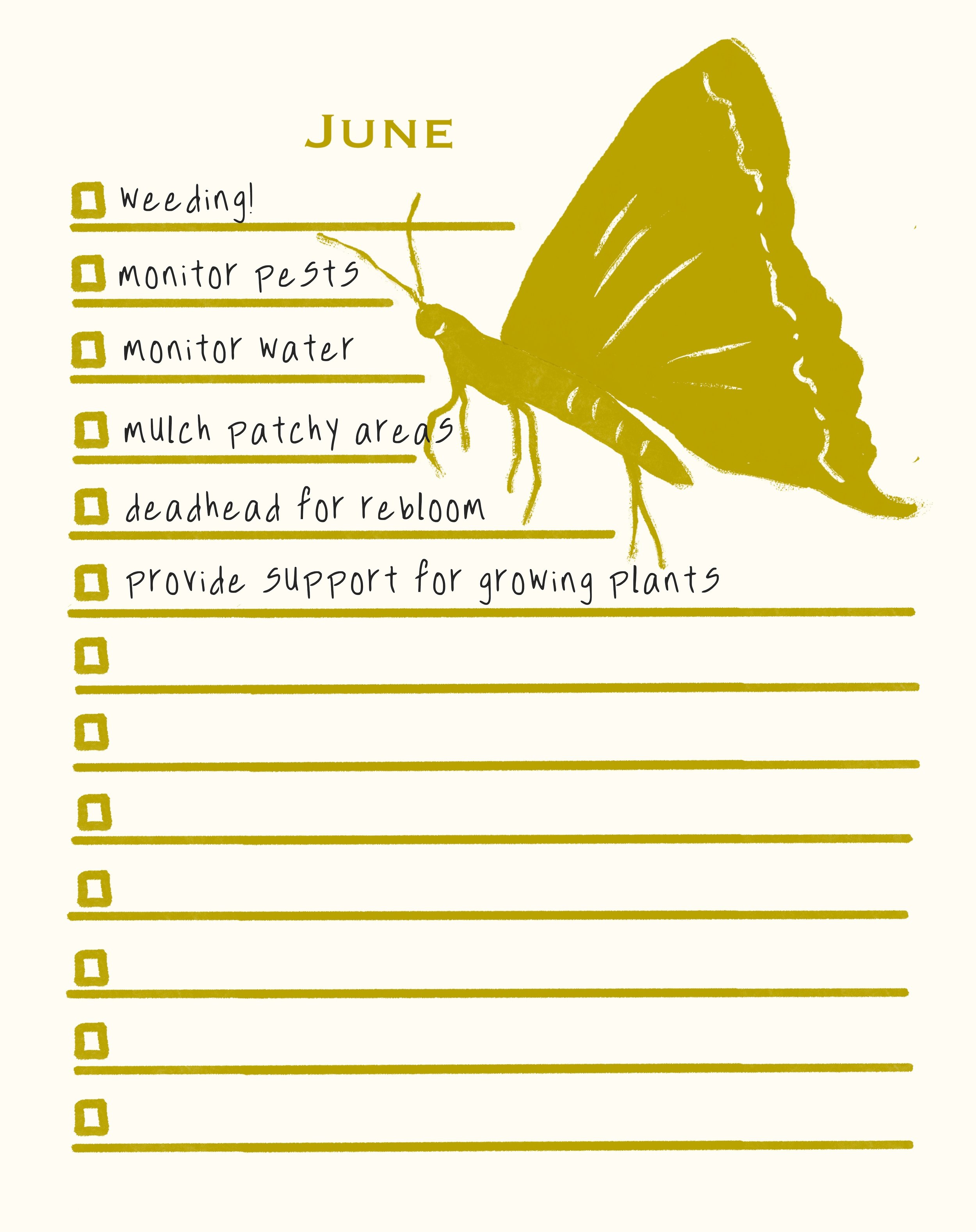 A June gardening checklist with a drawing of a yellow butterfly and a list of gardening tasks.