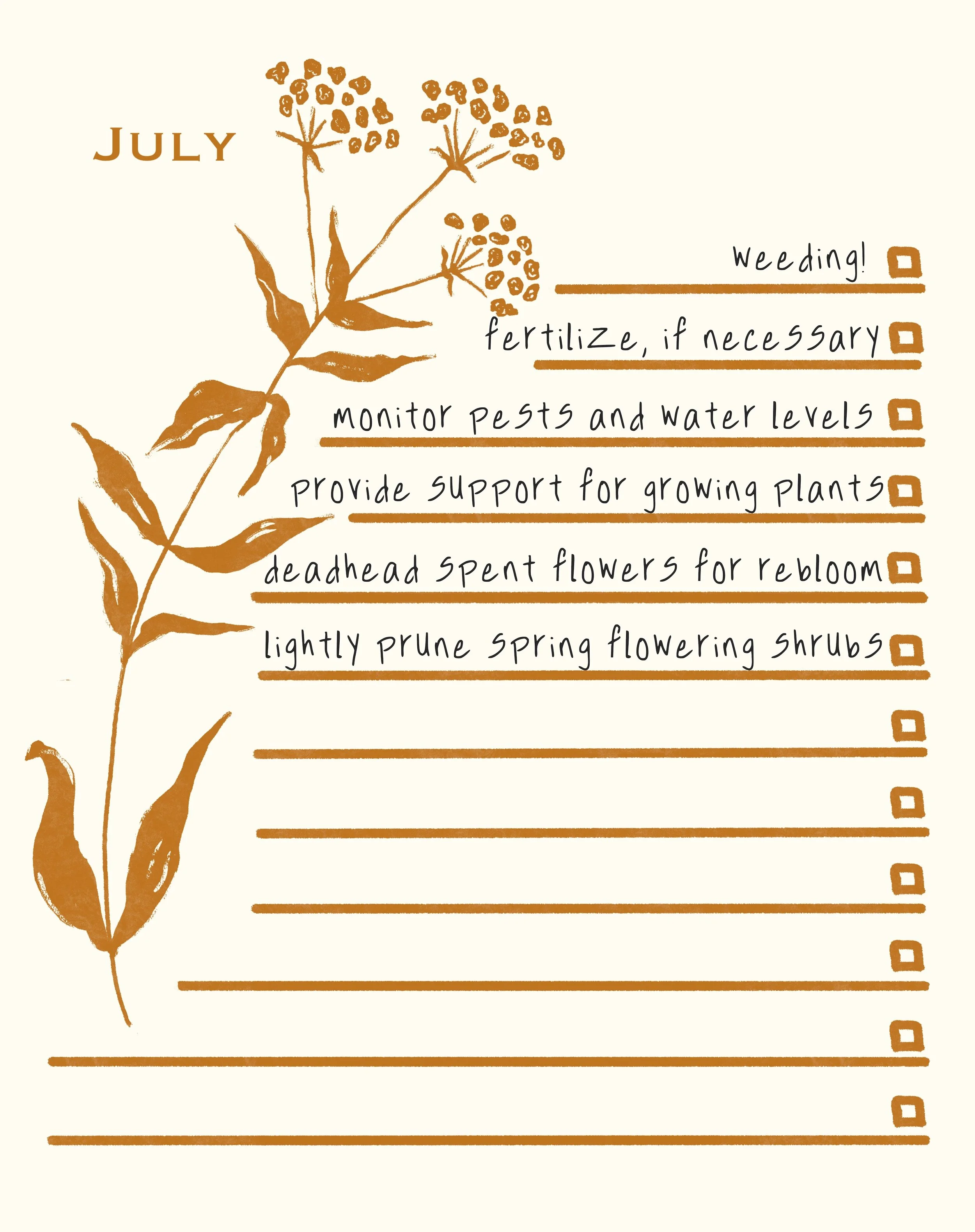 July gardening checklist with handwritten notes and a botanical illustration on a cream background.