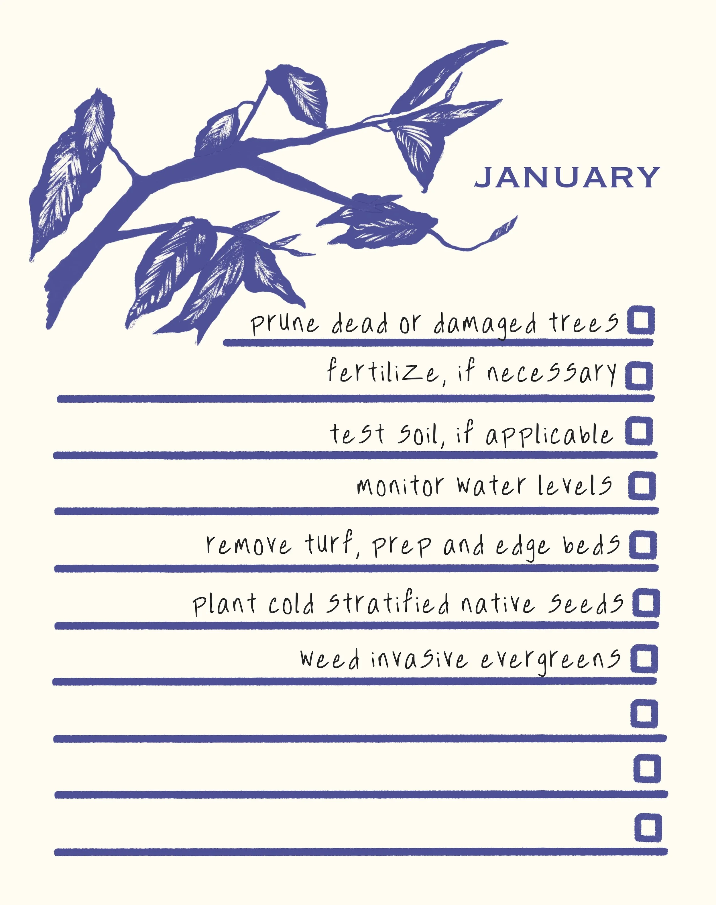 January gardening checklist with a blue leaf illustration at the top. Items include prune dead or damaged trees, fertilize if necessary, test soil if applicable, monitor water levels, remove turf, prep and edge beds, plant cold stratified native seed