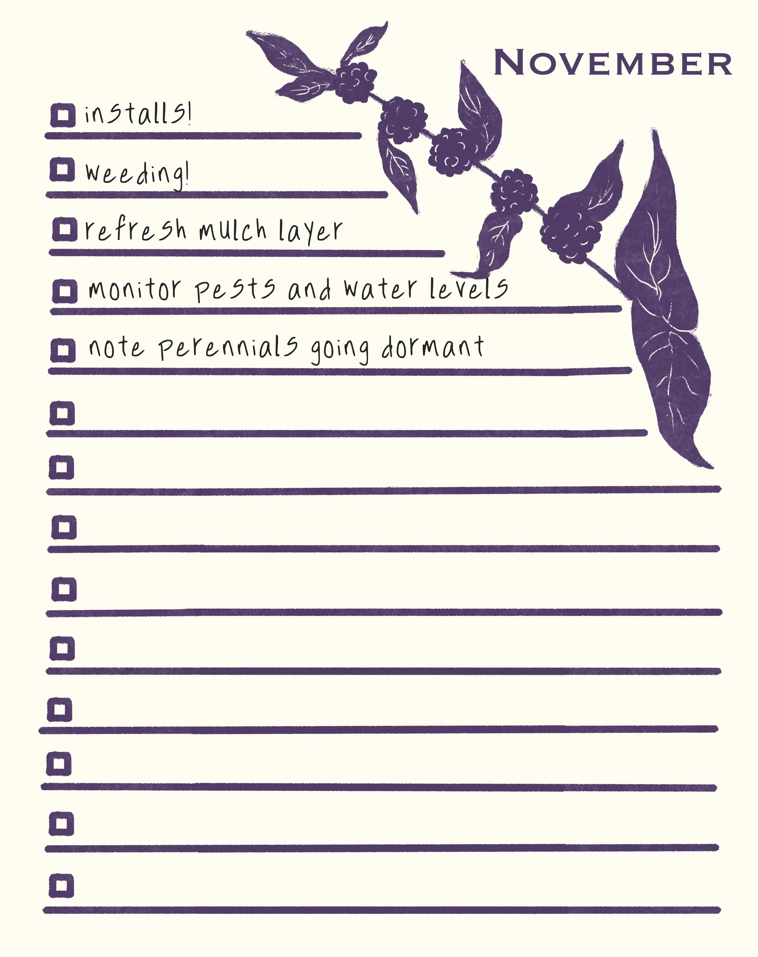 A November gardening checklist with items: installs, weeding, refresh mulch layer, monitor pests and water levels, note perennials going dormant, handwritten on a decorative page with purple botanical illustrations.