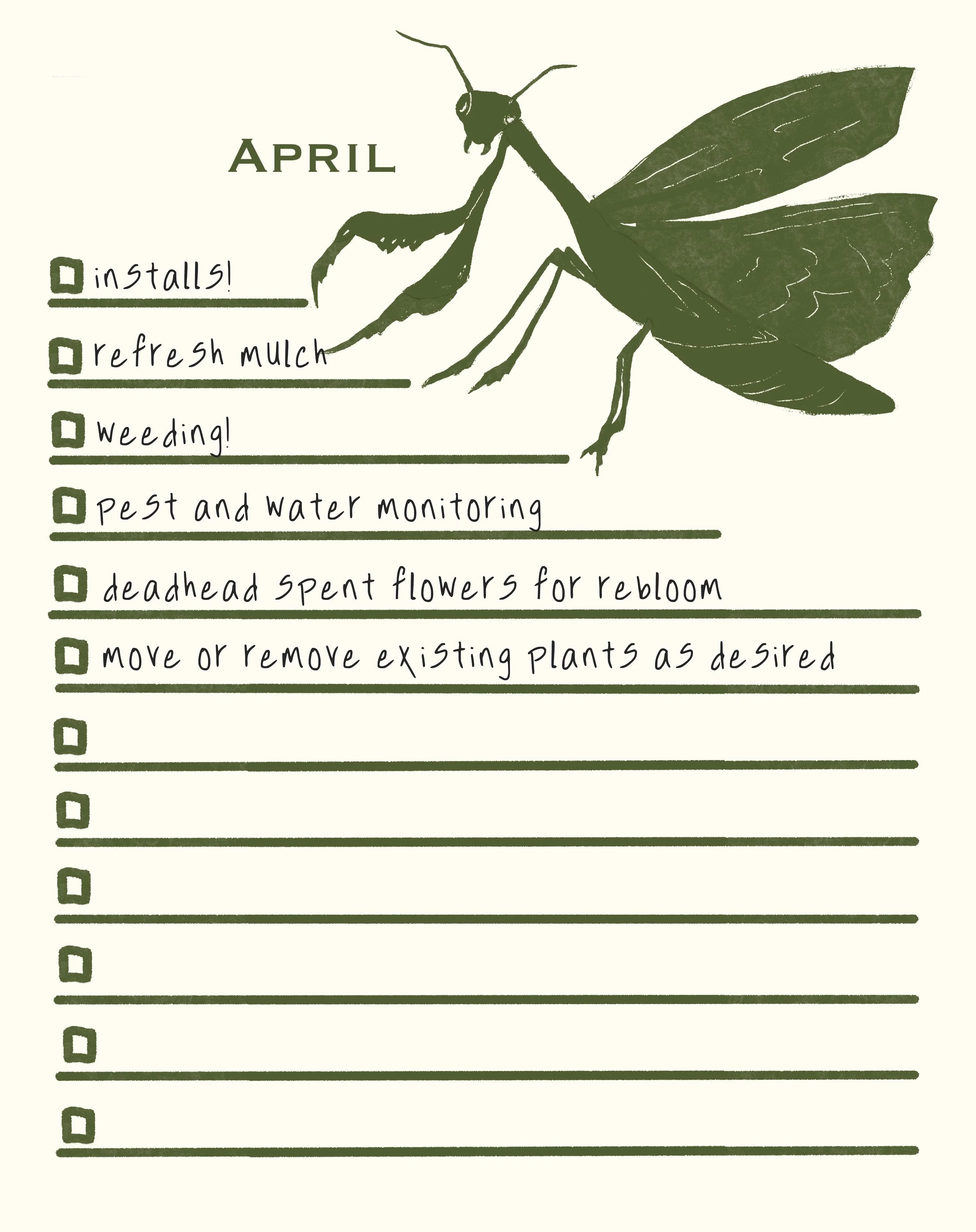 A gardening checklist for April with a drawing of a praying mantis on top.