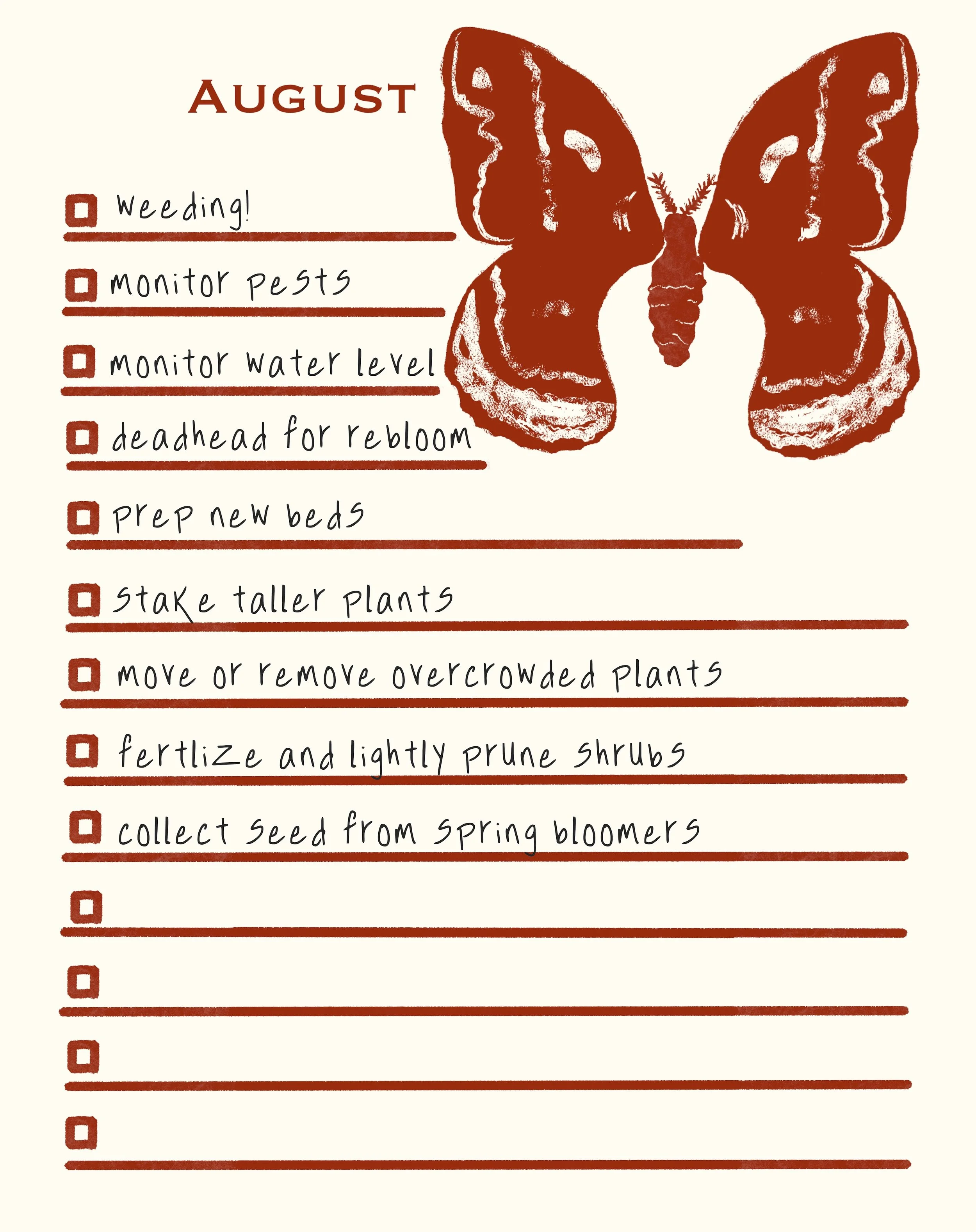 Monthly gardening checklist for August with a large butterfly illustration.