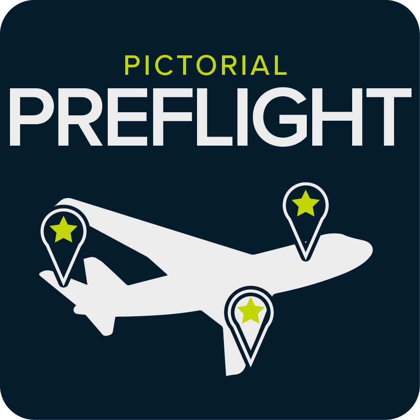 Cover of a book or guide titled 'Pictorial Preflight' featuring an airplane with three location markers, each with a star symbol.
