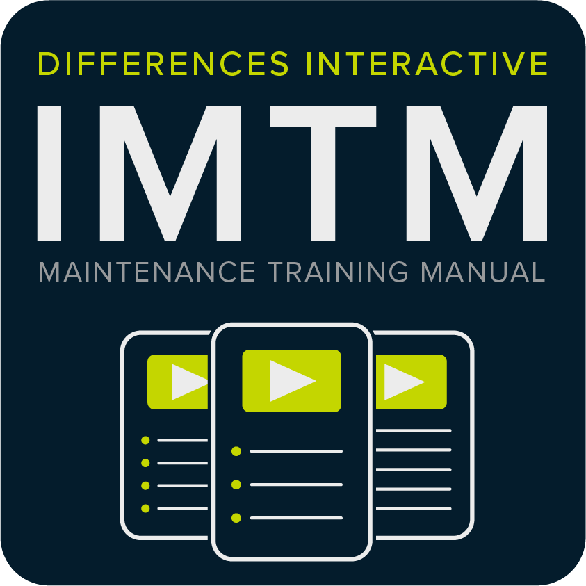 Cover of an interactive maintenance training manual titled 'Differences Interactive IMTM Maintenance Training Manual,' featuring icon illustrations of three digital documents with play buttons.