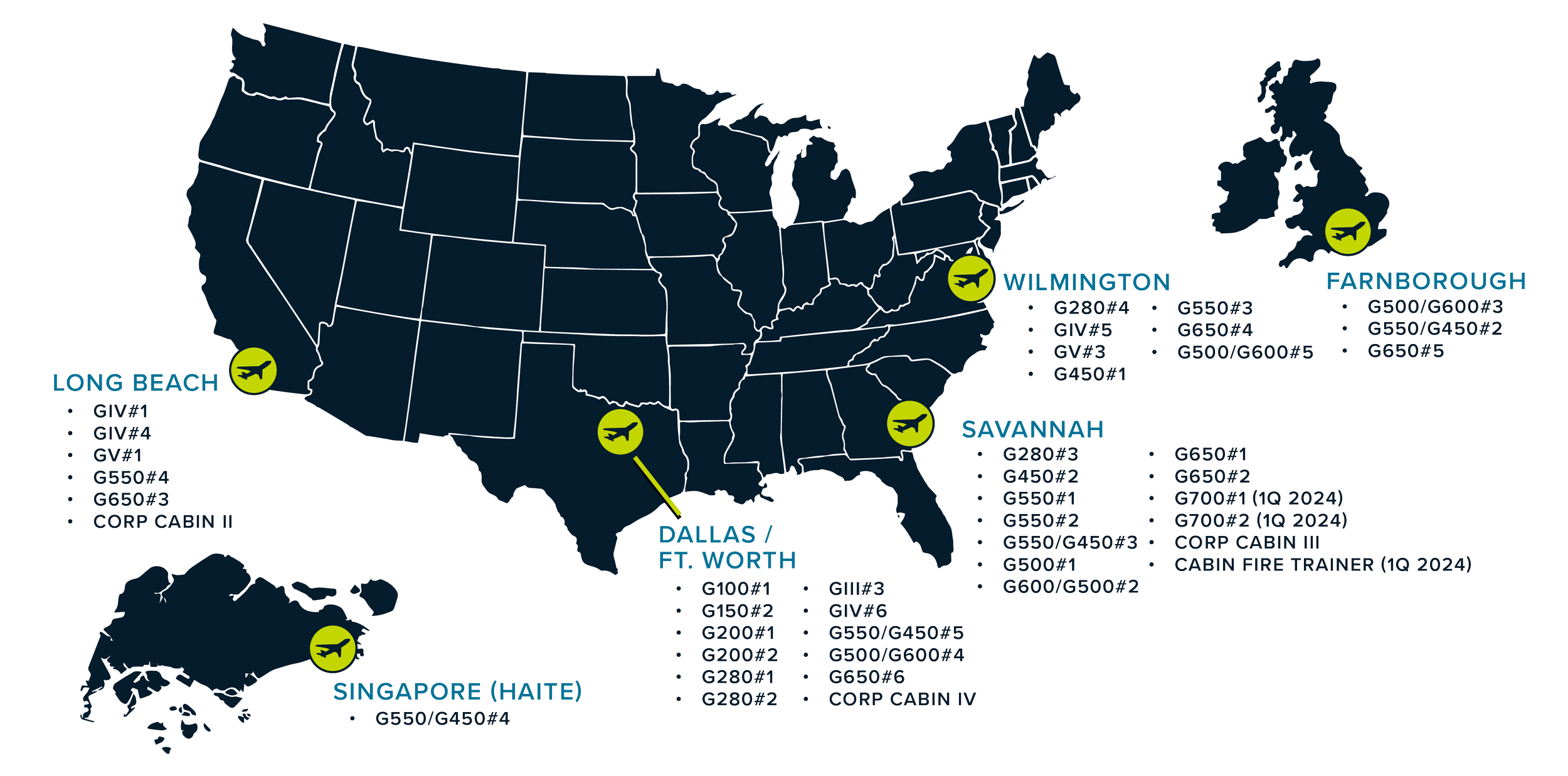 Map of the United States and parts of Europe and Asia showing airports and codes for Long Beach, Wilmington, Savannah, Dallas/Fort Worth, Farnborough, Santiago, and Singapore (Haite).