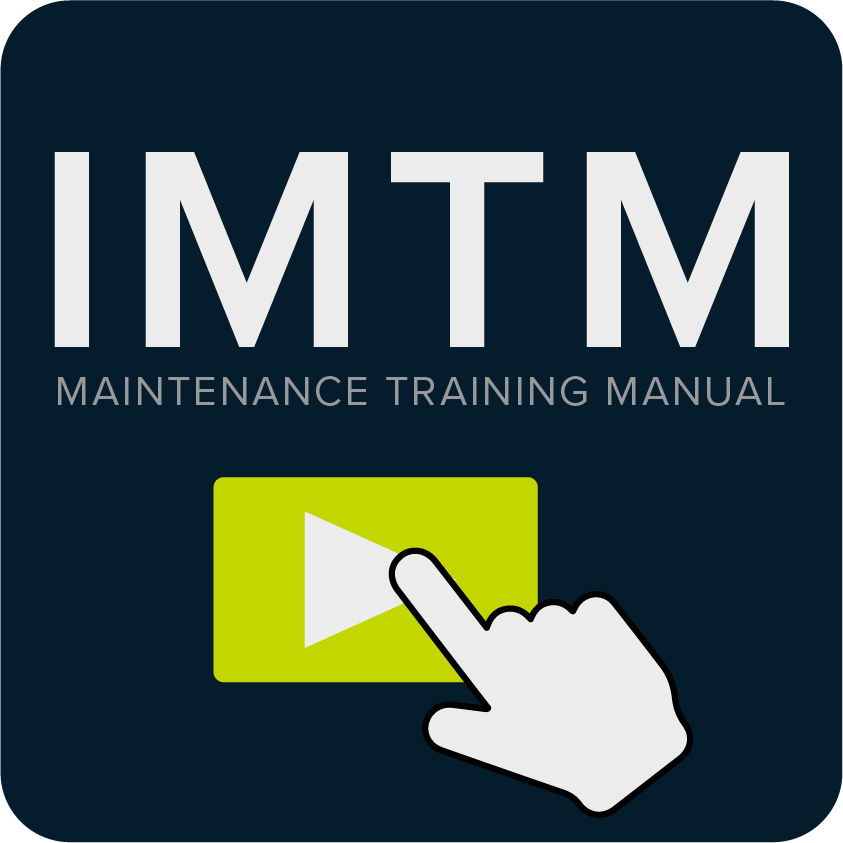Cover of an IMTM maintenance training manual with a clickable play button icon and a hand icon pressing it.
