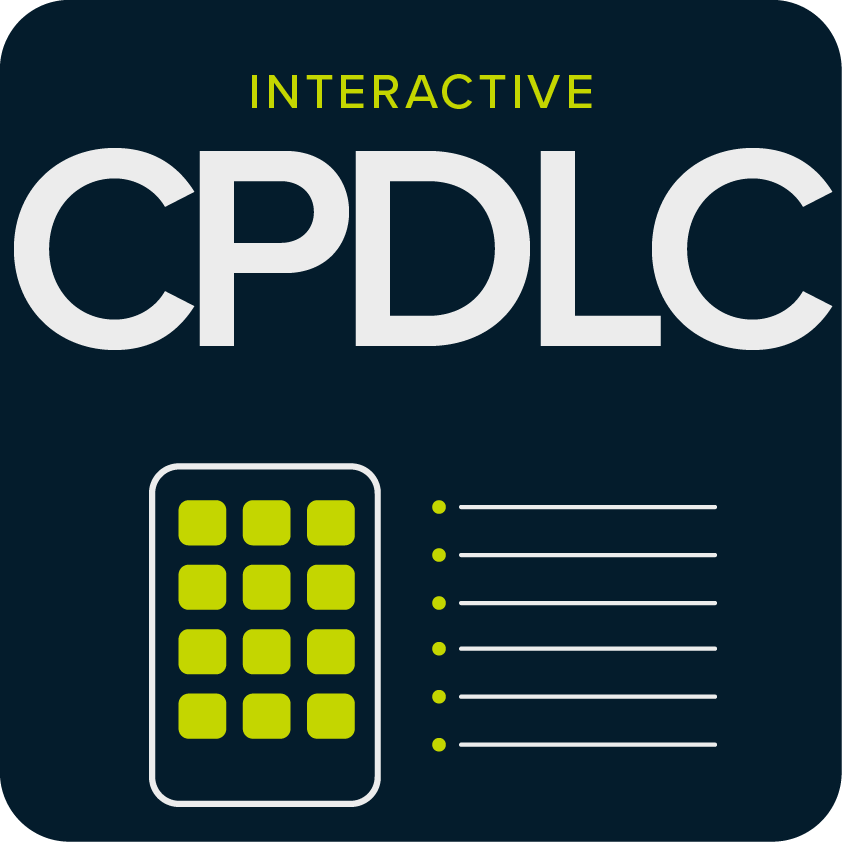 Graphic with the words 'Interactive CPDLC' and icons of a keypad and list, indicating a focus on digital or technical training.
