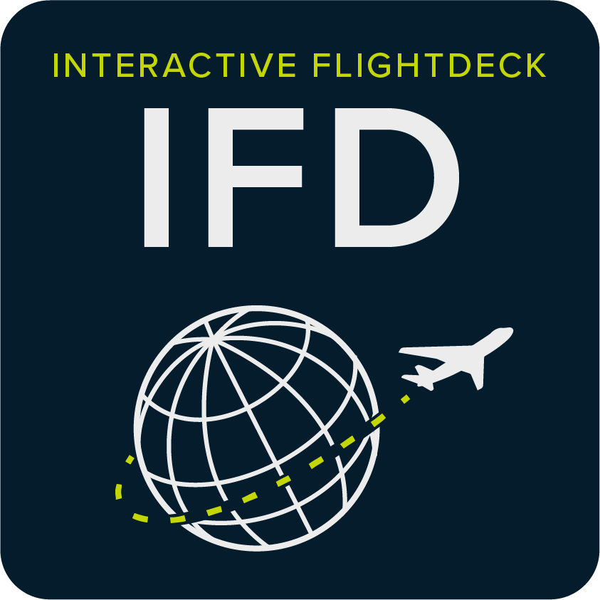 Design representing an interactive flight deck with a globe and airplane icon.