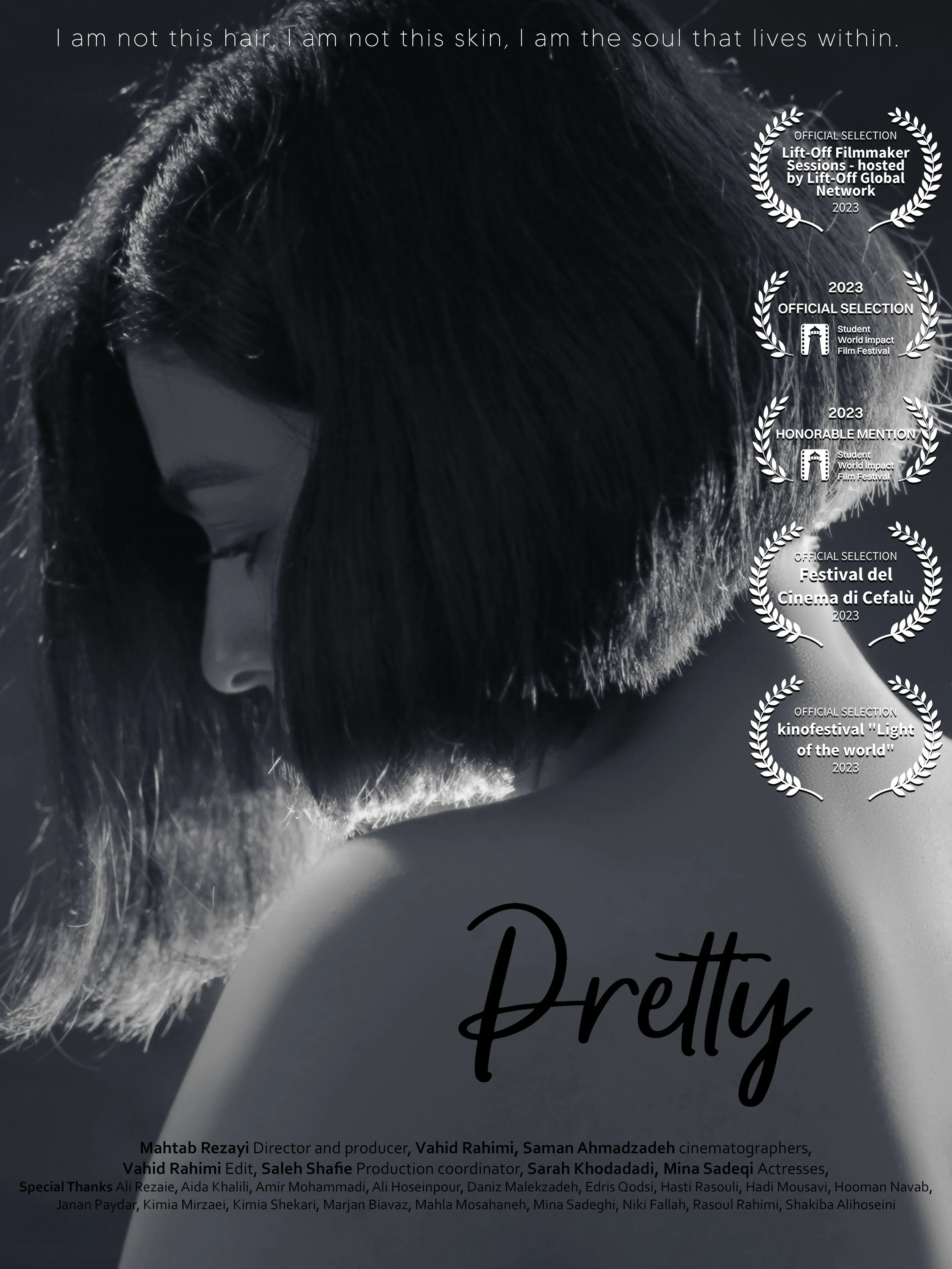 Black and white close-up of a woman's face with short hair and a beard, with awards and film festival laurels on the right side, and the word 'Pretty' in stylized font at the bottom.