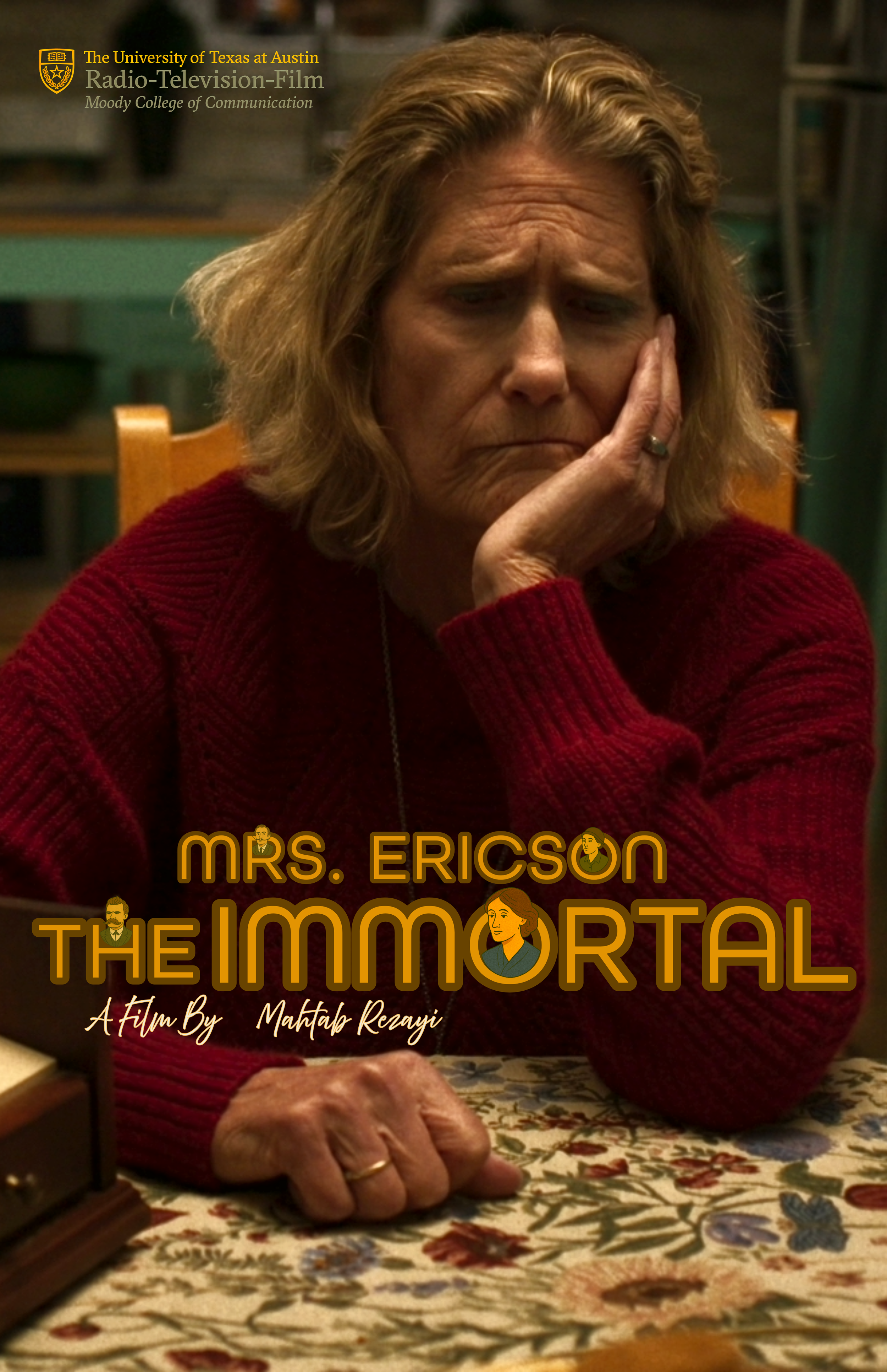 A woman with shoulder-length hair, wearing a red sweater, sitting at a table with her head resting on her hand, seems sad. This is from "The Immortal Mrs. Ericson," a film by Mahtab Rezayi, an Iranian filmmaker and an MFA Film Production candidate.