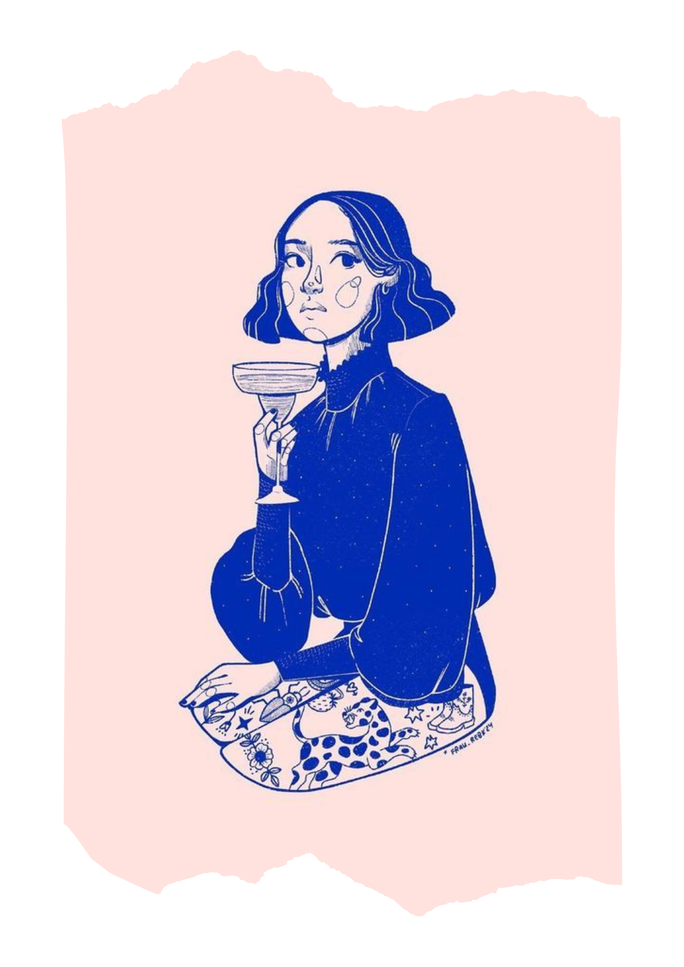 En illustrasjon av en ung kvinne med skulderlangt hår, sittende, som holder et vinglass i hånden. Hun har et alvorlig uttrykk og er kledd i en langermet topp. Bak henne er et stykke tekstil med en tegning av en leopard, blomster, og stjerner. Illustrasjonen er i blått mot en lys rosa bakgrunn.