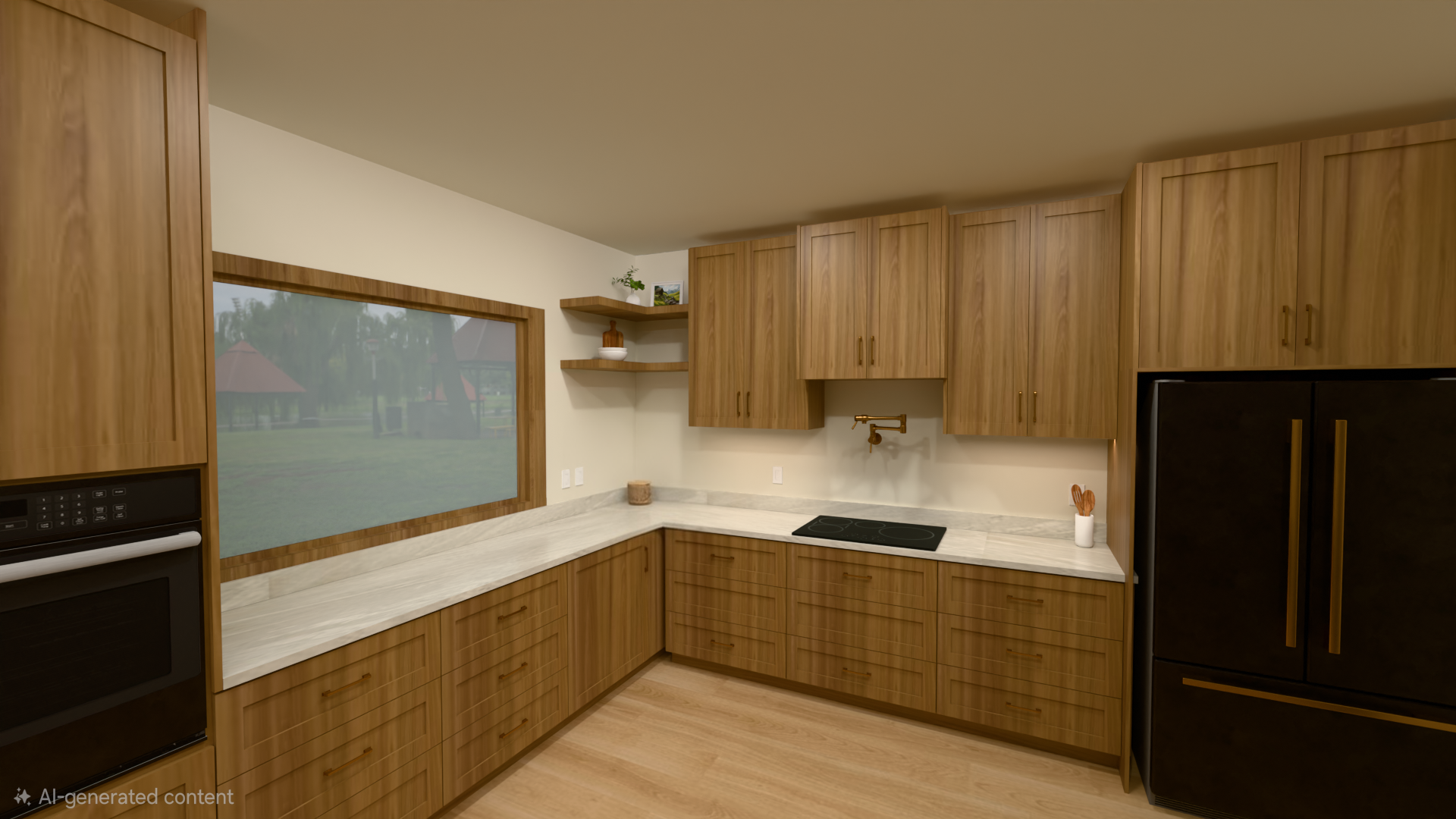 Modern kitchen with wooden cabinets, marble countertops, and black appliances including a refrigerator and oven, with a large window showing an outdoor park scene.