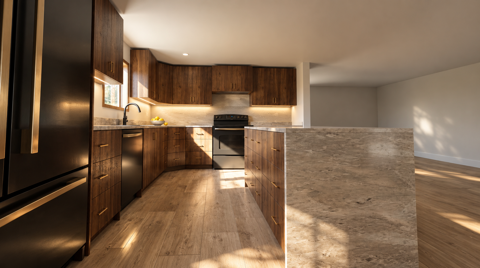 Sunlit Walnut Kitchen with Brass Accents.png