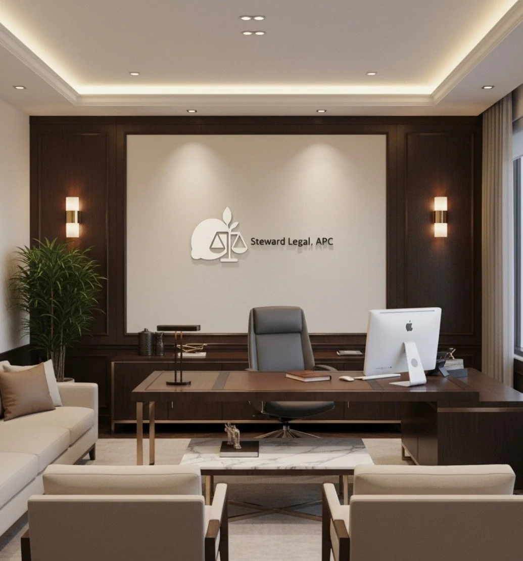 Modern office reception area with a dark wood desk, gray office chair, Apple computer, beige sofa, white chairs, large potted plant, and a wall sign reading 'Steward Legal, APC' with a logo of a book, scales, and a leaf.