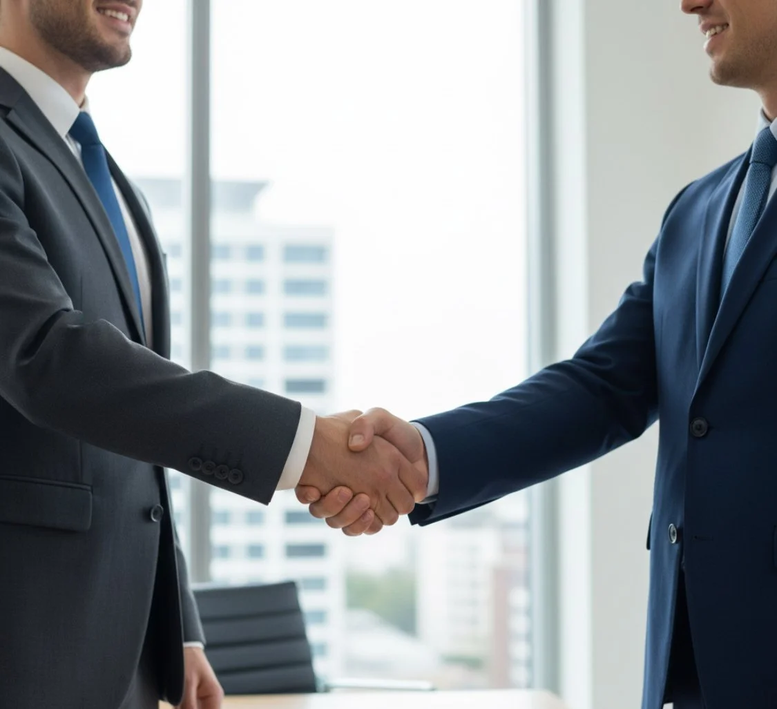 Two men in business suits shaking hands in an office with large windows and city buildings in the background.