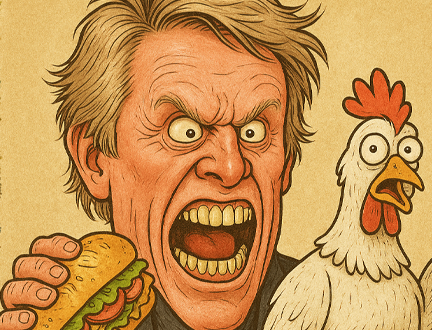 An angry man holding a sandwich and yelling, with a cartoon chicken beside him.