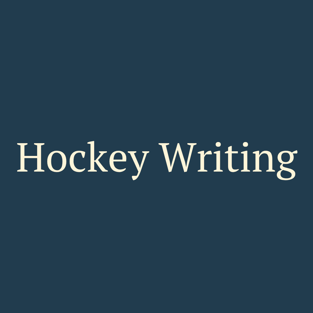 Graphic with the text 'Hockey Writing' on a dark blue background.