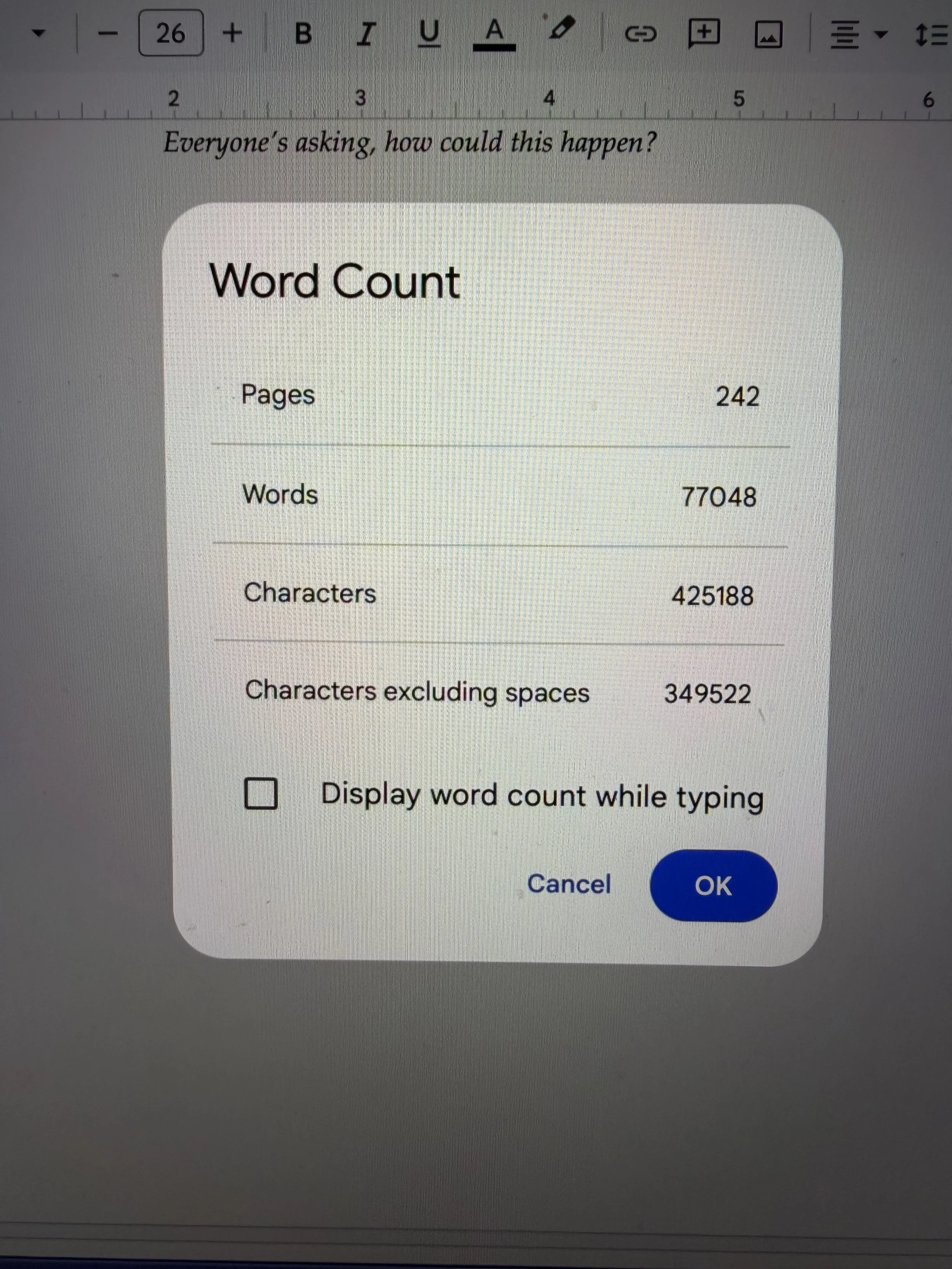 Screenshot of the word count image on Google Docs.