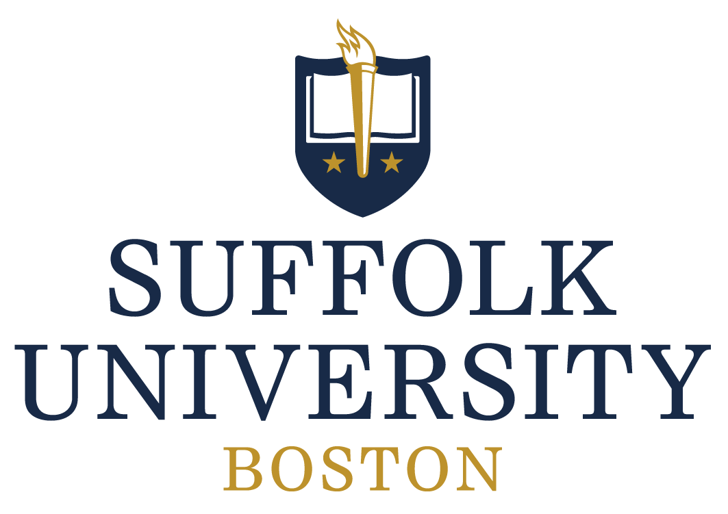 Suffolk University logo featuring a shield with an open book, torch, and stars, with text "Suffolk University Boston" underneath.