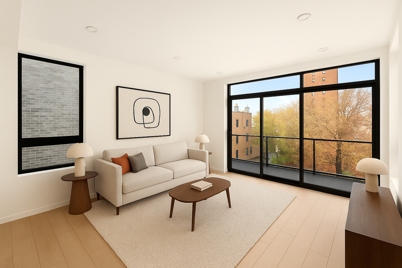 Modern living room with a beige sofa, wooden coffee table, and black framed windows showing an outdoor view of trees and buildings.