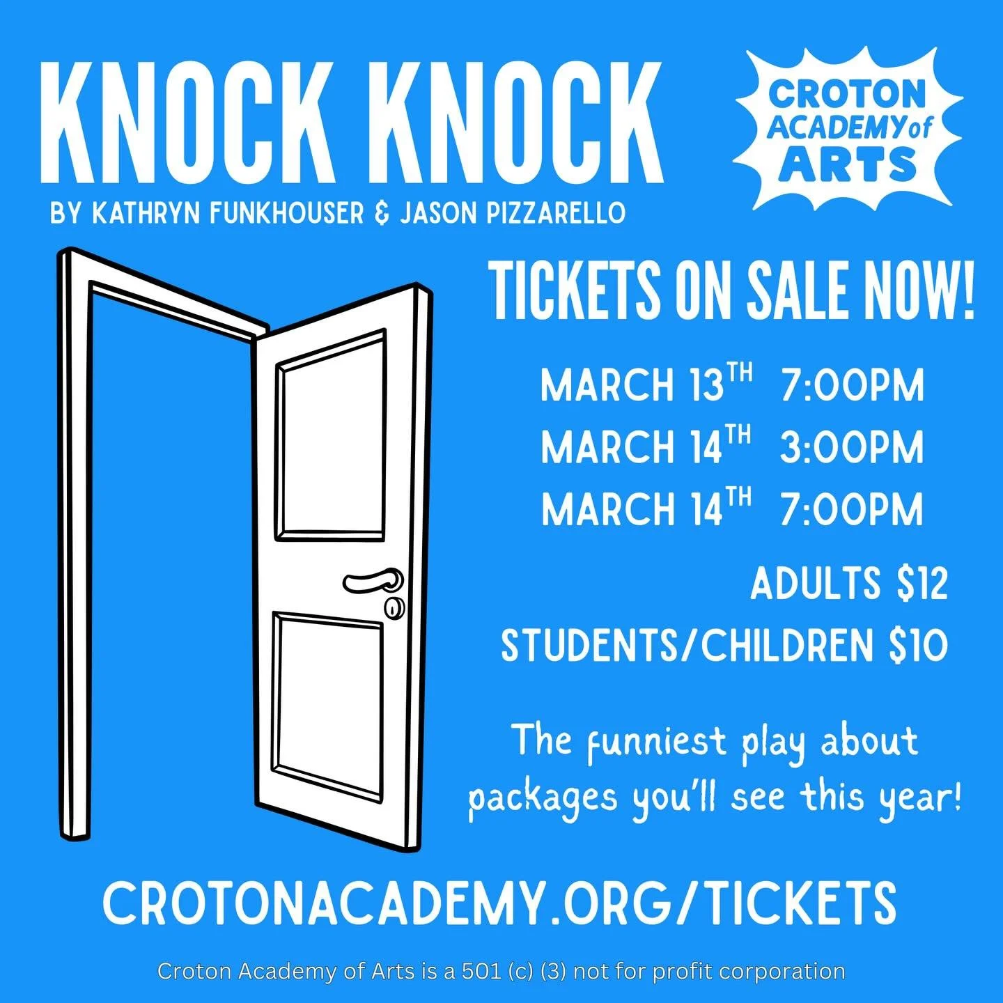 Tickets for our winter play, Knock Knock, are on sale now! Performances on March 13th at 7:00PM and March 14th at 3:00PM and 7:00PM. 

#crotonacademy #crotoncommunity #kidstheatre #childrenstheatre