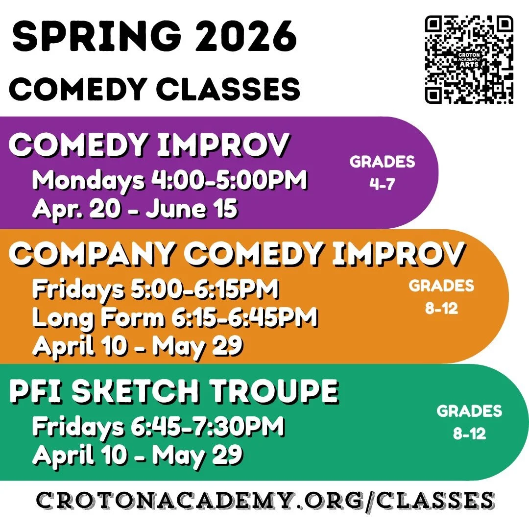 Our spring classes at the studio are open for registration! Improv and sketch writing for kids in grades 4 through 12. Sign up now on our website!

#crotonacademy #improvclass #kidsimprov