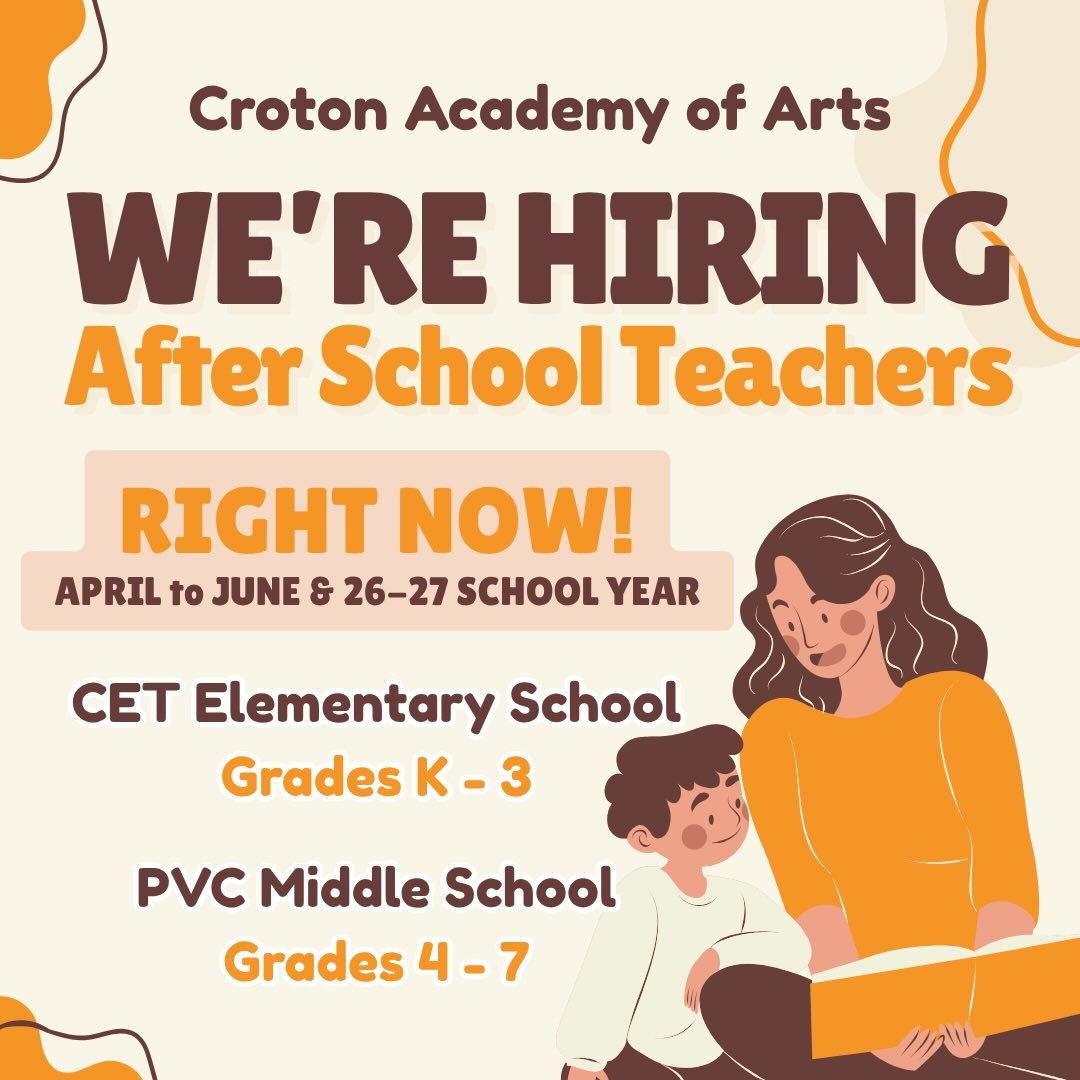 CAA is hiring for our after school program! If you any interest in working with kids, please reach out to us and schedule an interview.

#crotonacademy #afterschoolprogram #joblisting