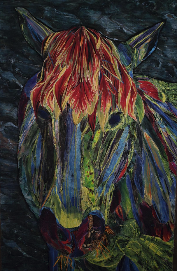 I created this horse fabric collage from a photo I took of a horse in an Arizona ranch.  I learned the horses on the ranch were geldings.  Hence...the name Newt.  This collage is a certain 'painterly' look to it.