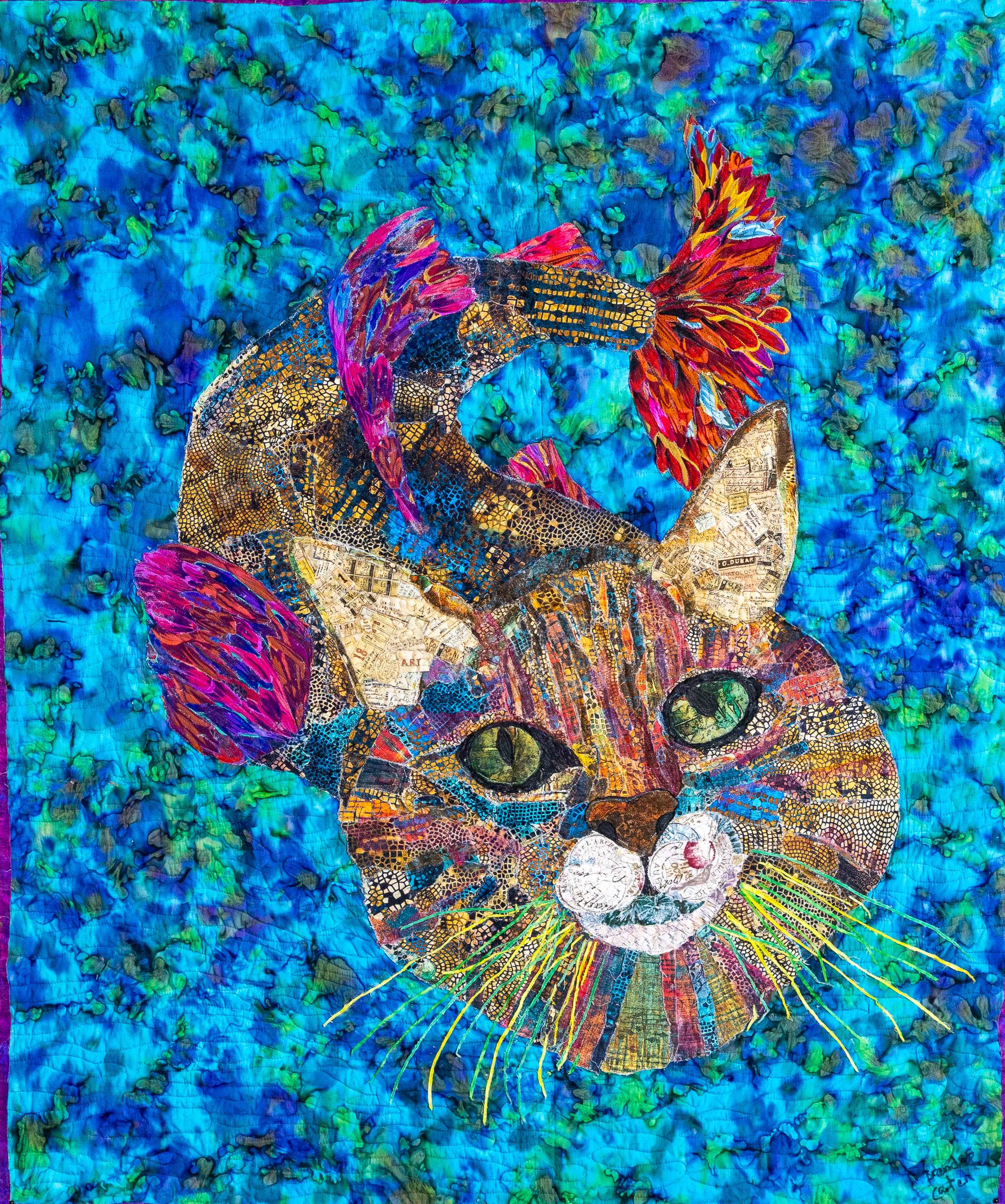 Every fabric collage quilt begins with a story... (33"x39" original) 'Keenu the Catfish'  was initially created using photo of our beloved cat's face who has since passed away after nearly 18 years of age.  I wanted to honor his memory with a catfish