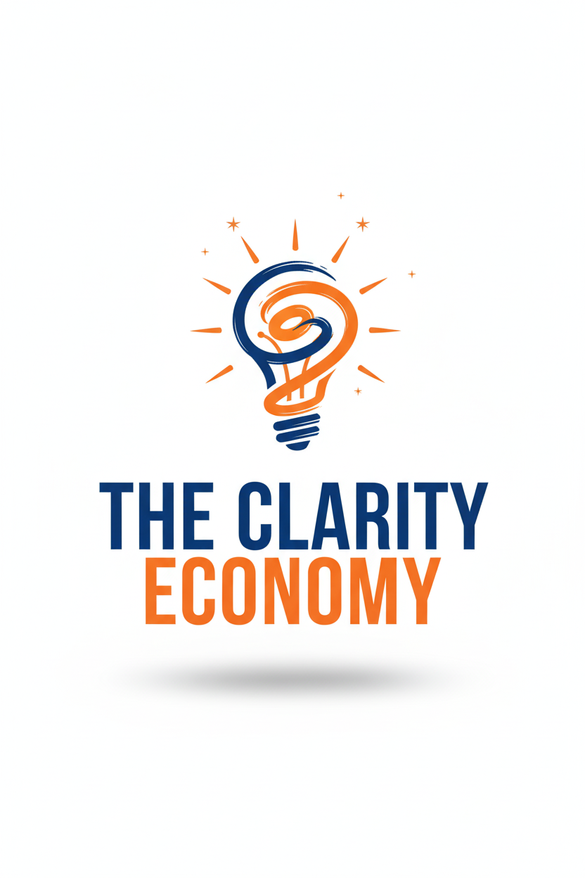 Logo with a stylized light bulb and the text "The Clarity Economy" in bold blue and orange letters.