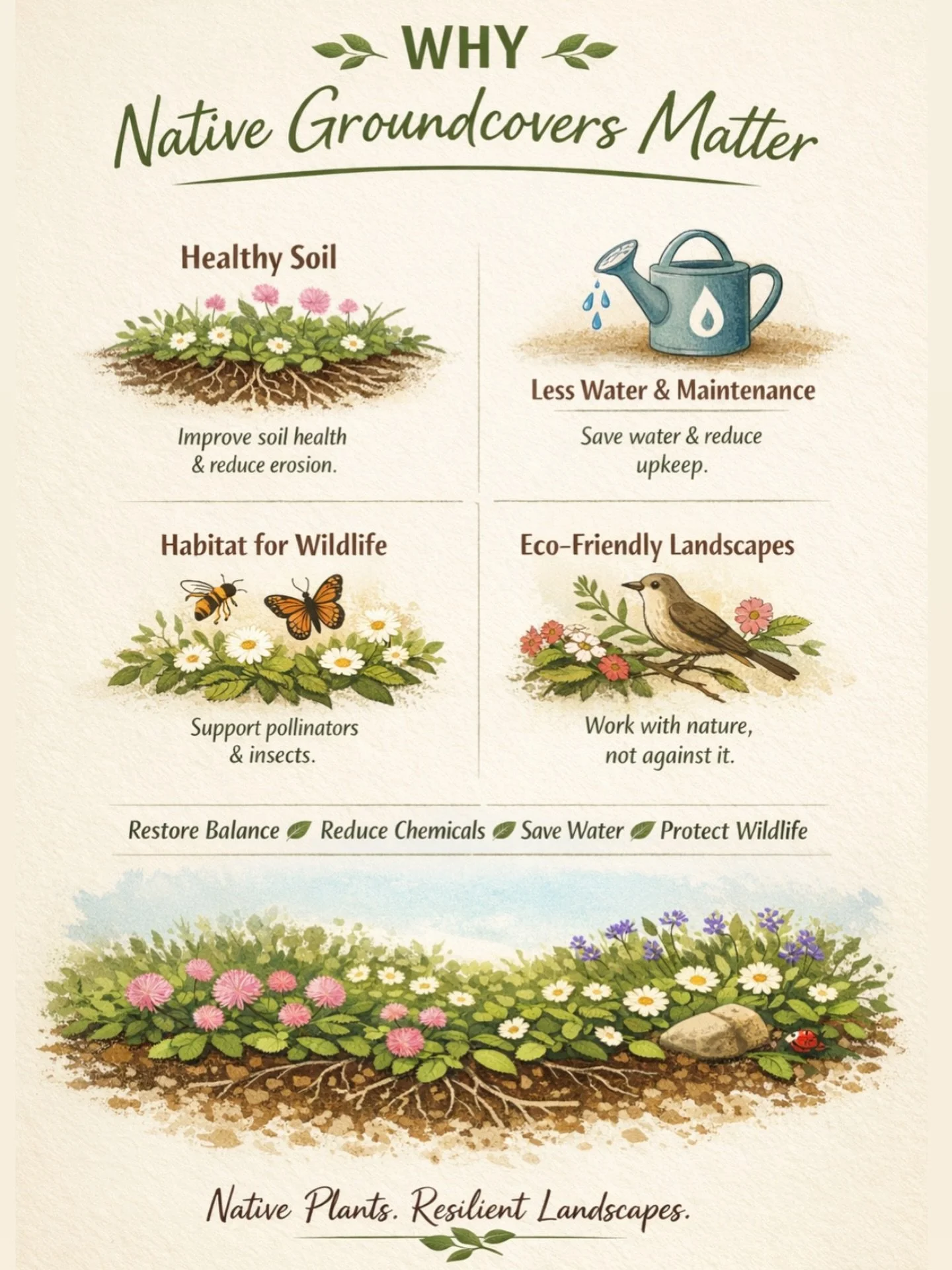 Native groundcovers are one of the most effective ways to create a healthier yard and support the ecosystem at the same time.

In your landscape, they help retain moisture, improve soil health, reduce erosion, suppress weeds, and lower long-term main