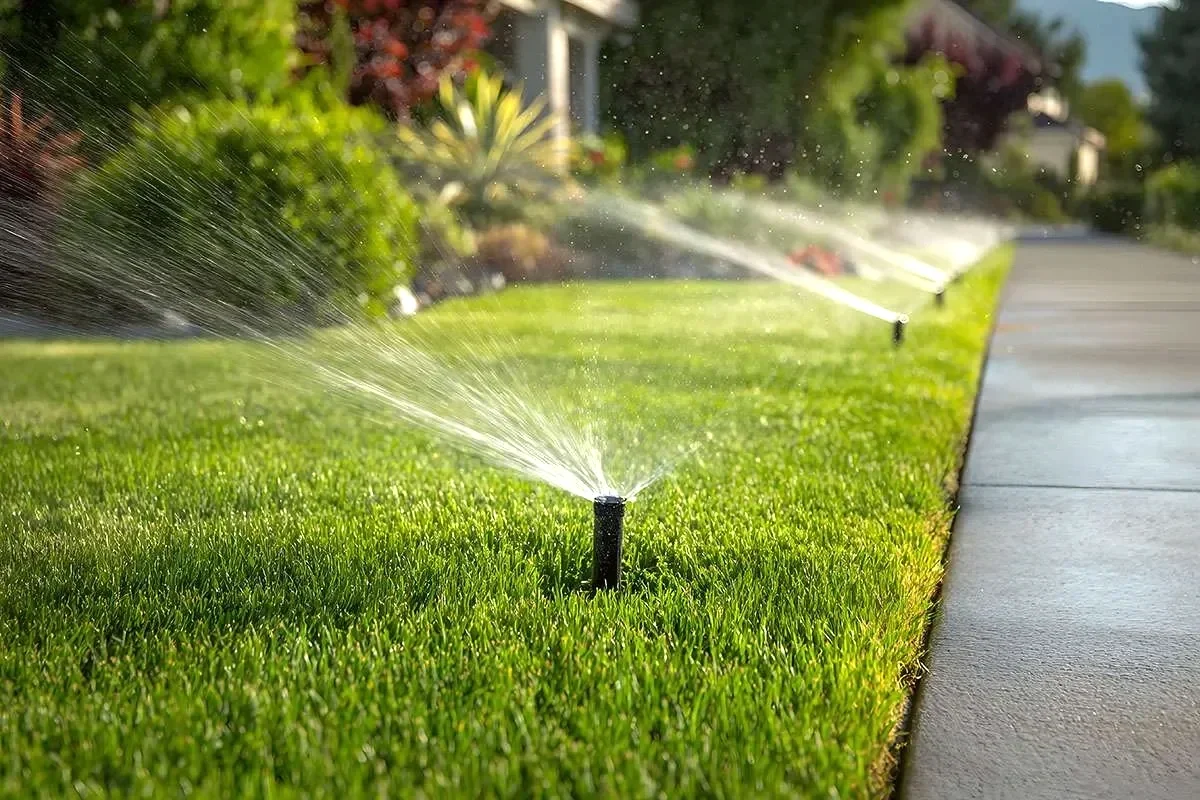 Irrigation and sprinklers watering a lush green lawn on a sunny day in St. Petersburg Florida.