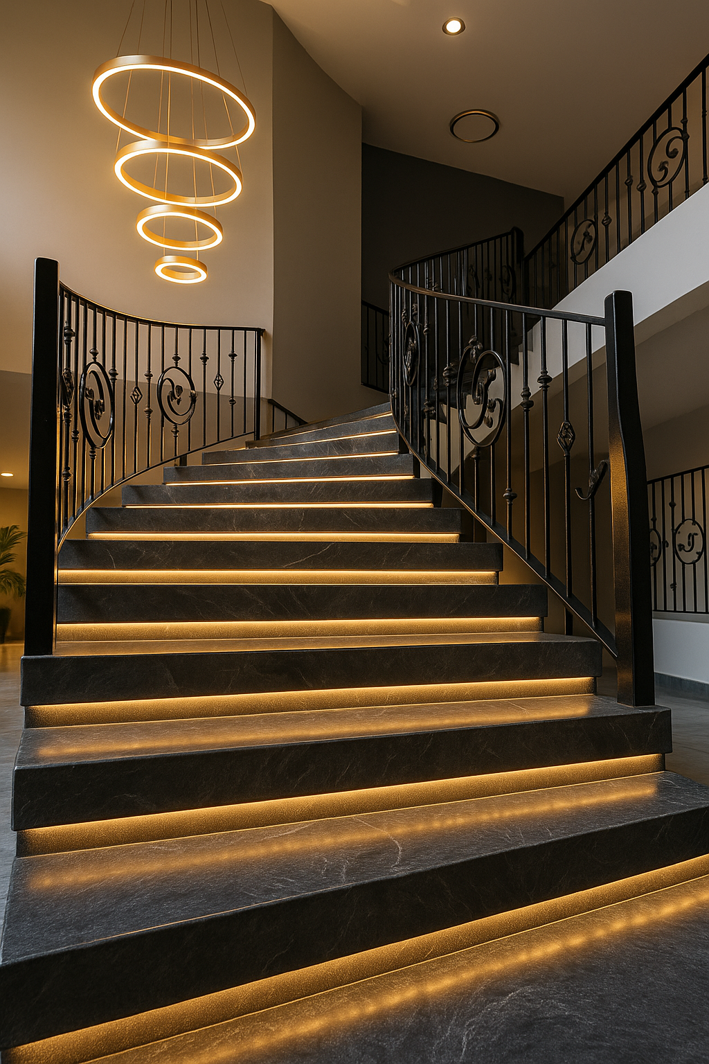 Luxurious staircase with black marble steps and integrated strip lighting, black wrought iron railing with decorative elements, modern circular pendant light fixture above.