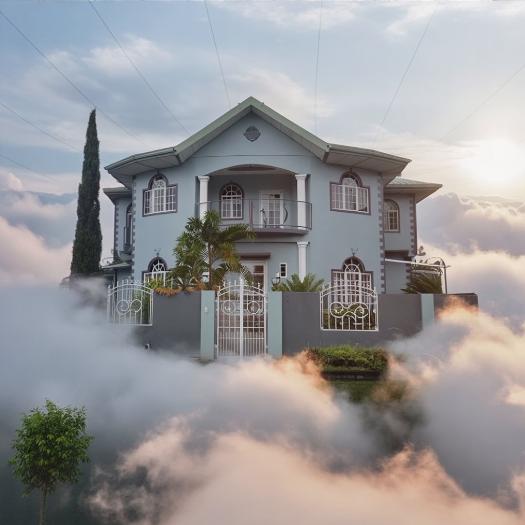 A house floating above clouds, with a light blue exterior, white trim, a balcony, and surrounded by trees and a fence.