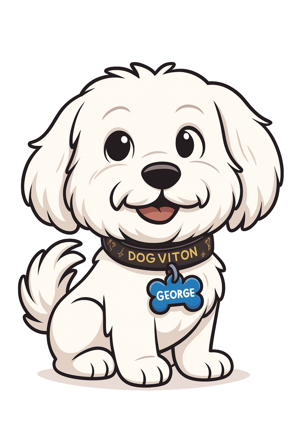 Cartoon illustration of a cute white dog with fluffy fur, sitting and smiling, with a black collar reading 'DogViton' and a blue bone-shaped tag with the name 'George'.