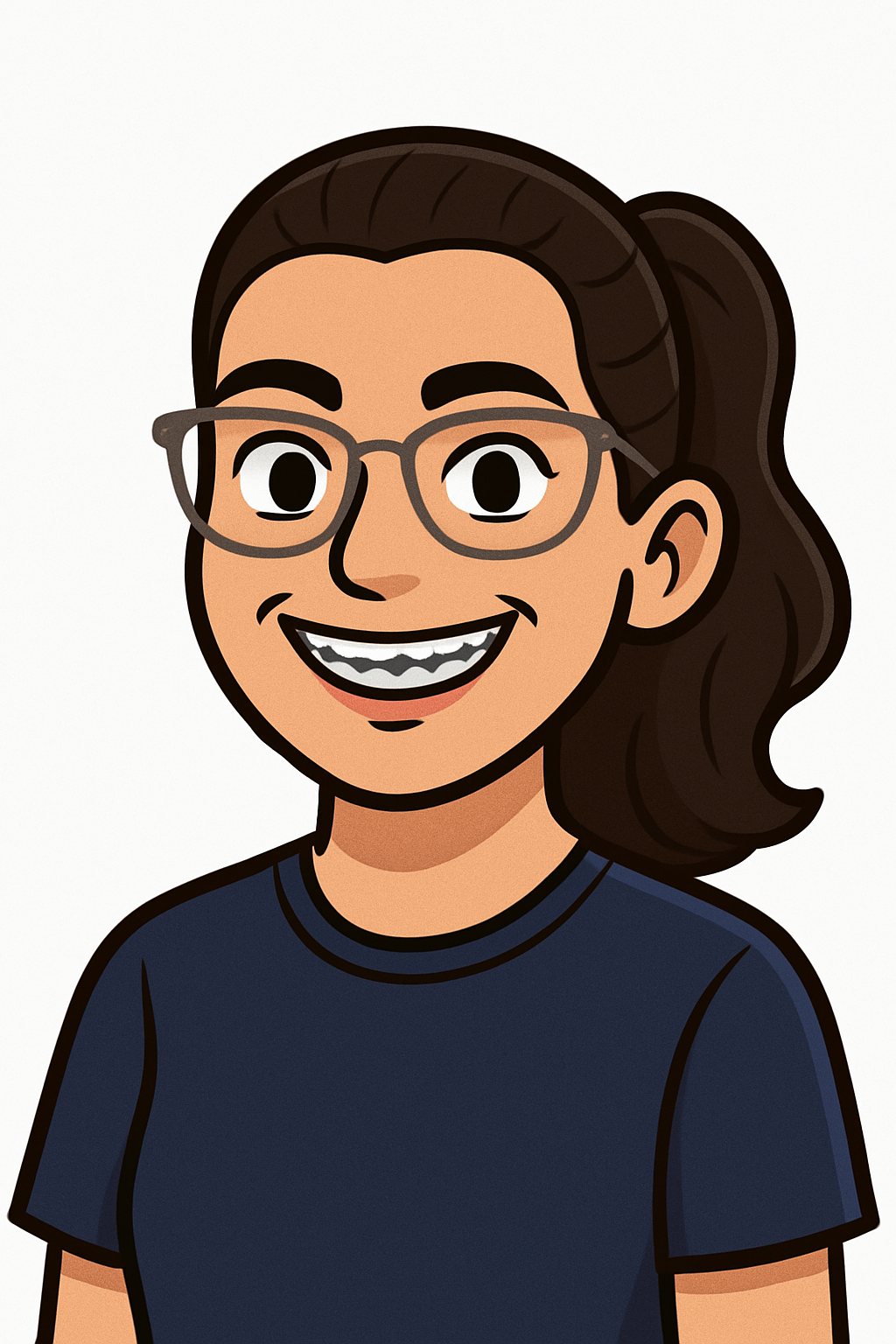 Cartoon avatar of a smiling girl with brown hair in a ponytail, glasses, braces, and wearing a navy blue shirt.