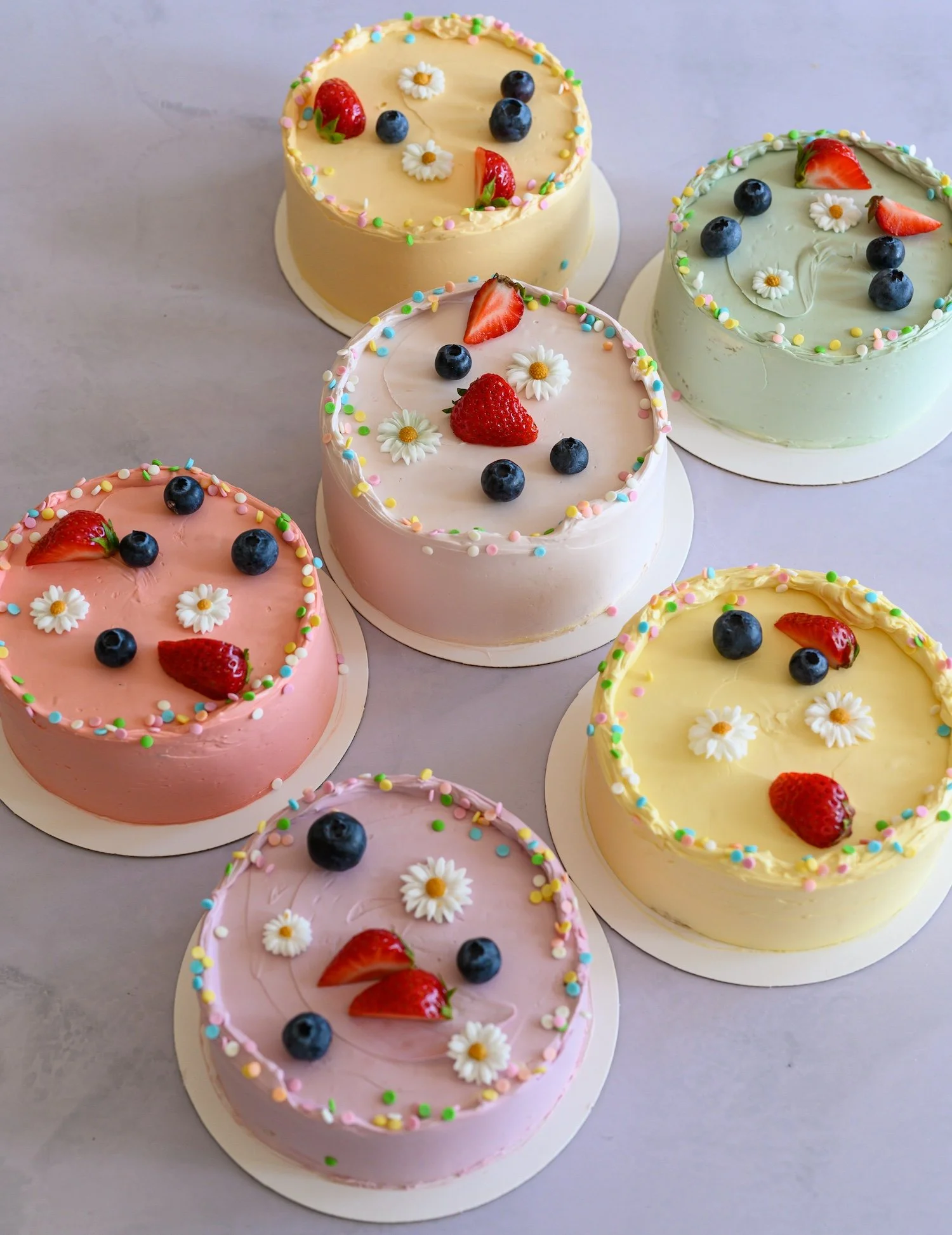 Assorted small, round cakes decorated with strawberries, blueberries, white daisies and colorful sprinkles, placed on white round bases.