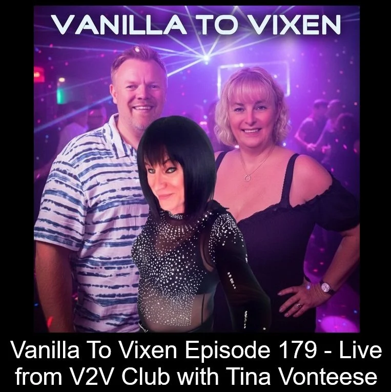 Three people at a nightclub with purple and blue lighting, two women and one man, smiling and posing for a photo, with the text 'VANILLA TO VIXEN' at the top.