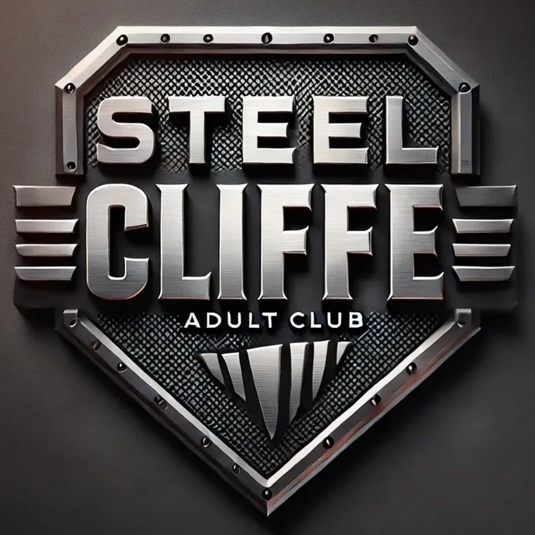 Sign reading "Steel Cliff Adult Club" with a superhero emblem design.