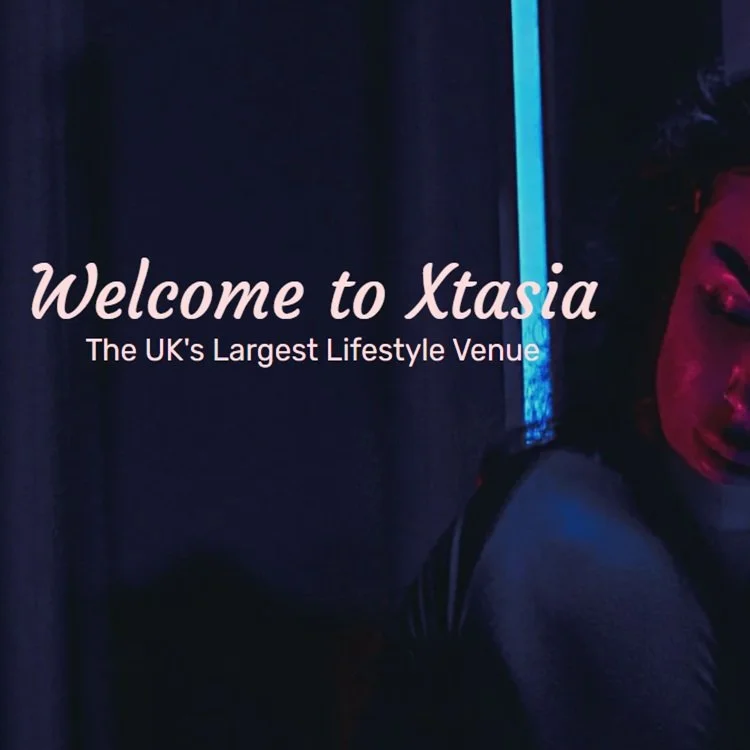 A promotional digital image welcoming visitors to Xtasia, described as the UK's largest lifestyle venue, featuring a woman in a dark setting with blue neon lights.