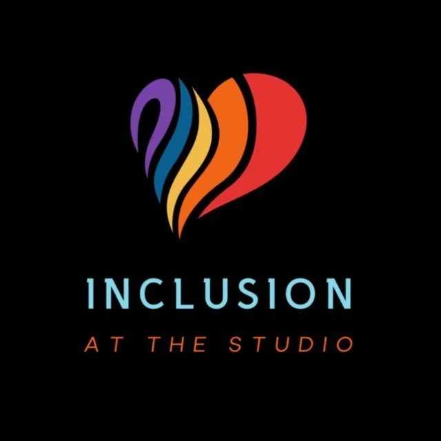 A logo for 'Inclusion at the Studio' featuring a heart made of colorful, curved stripes on a black background.