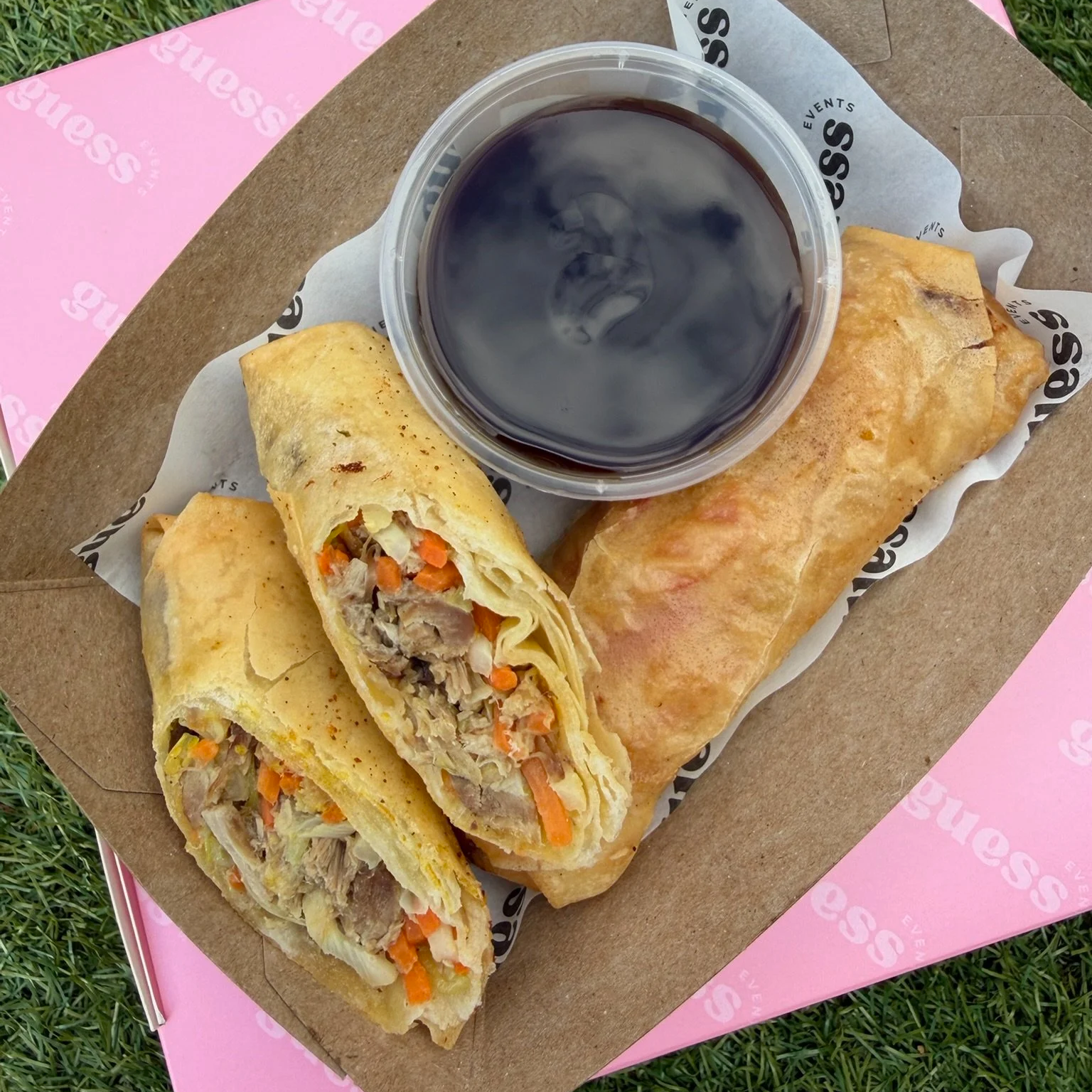 Guess Events exclusive confit duck spring rolls, unique evening food for weddings, corporate events, private parties and festivals in Devon and the South West UK