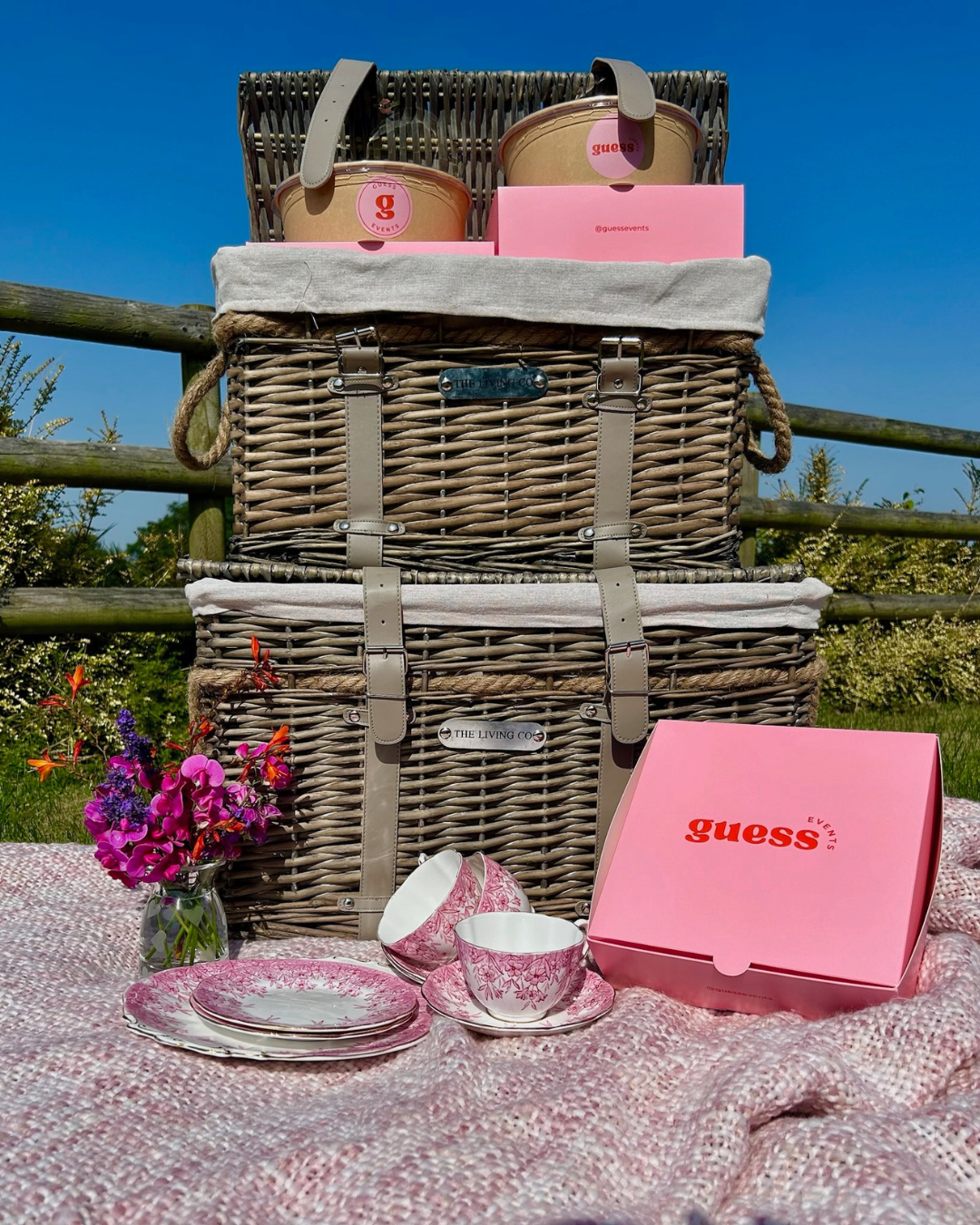 A picnic setup outdoors with wicker baskets, pink ceramic dishware, a pink Guess box, and a small vase with purple and pink flowers, arranged on a pink blanket next to a wooden fence with green bushes and a clear blue sky in the background.