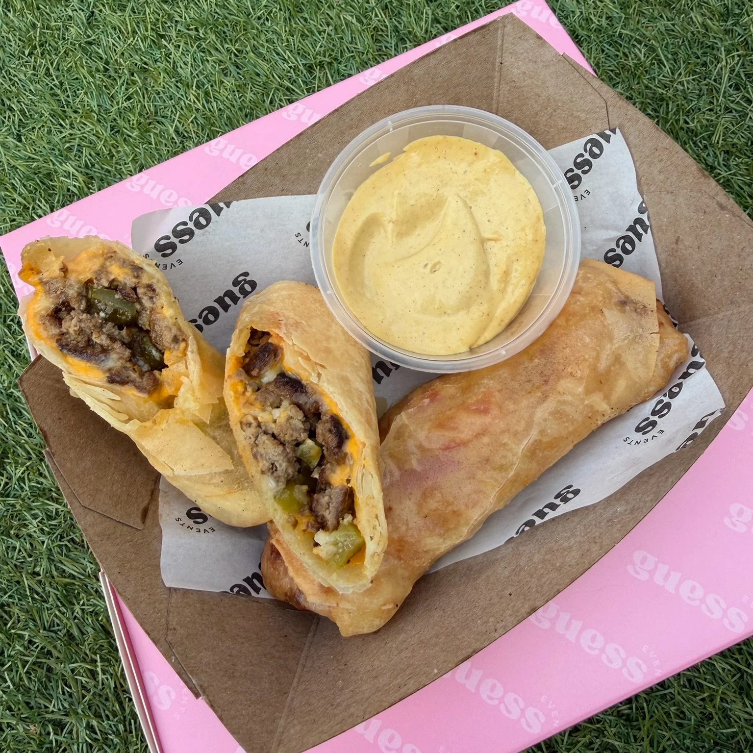 Guess Events exclusive cheeseburger spring rolls, unique evening food for weddings, corporate events, private parties and festivals in Devon and the South West UK