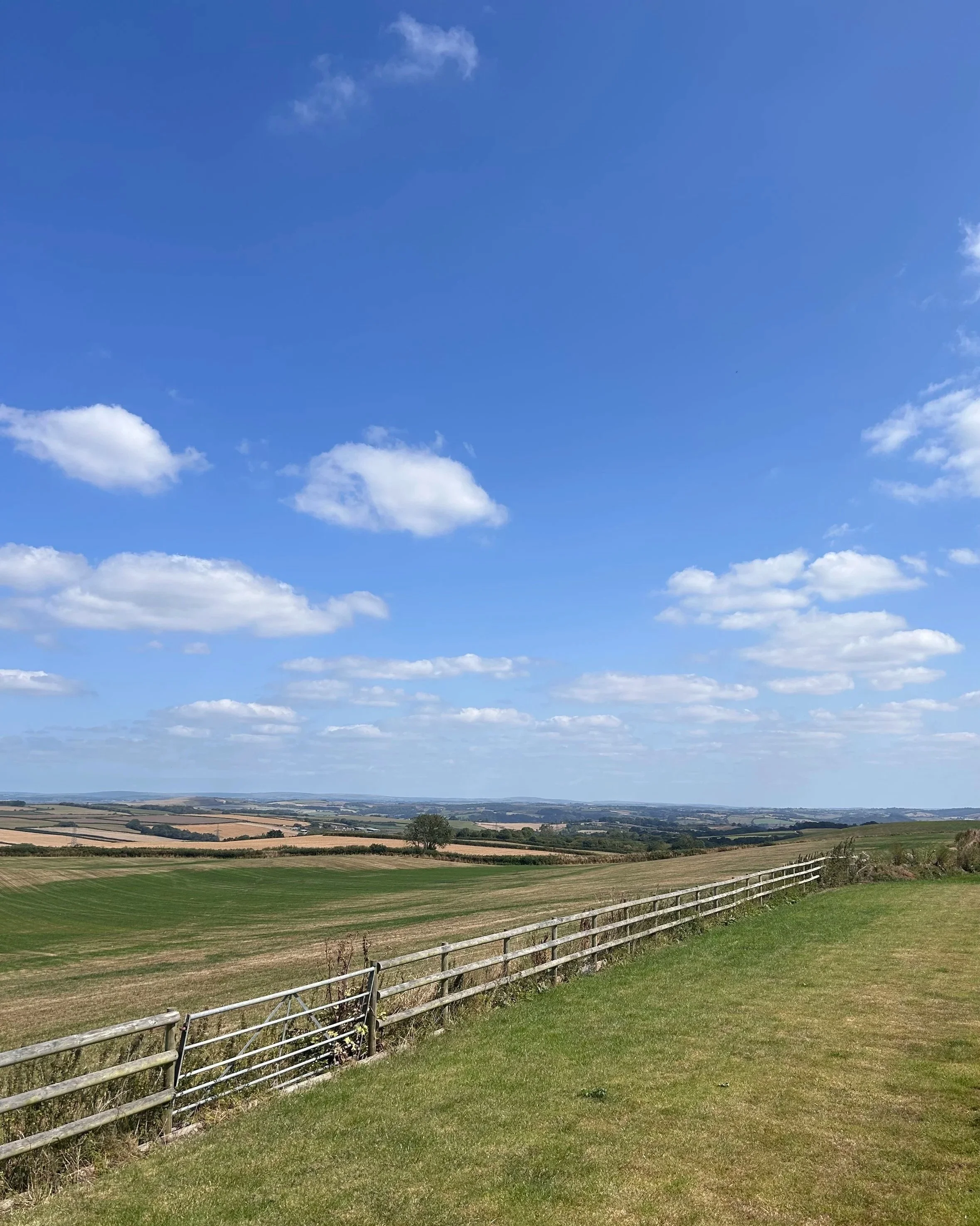 Scenic view of a rural landscape with a clear blue sky, scattered white clouds, green grassy field, and a wooden fence extending into the distance.