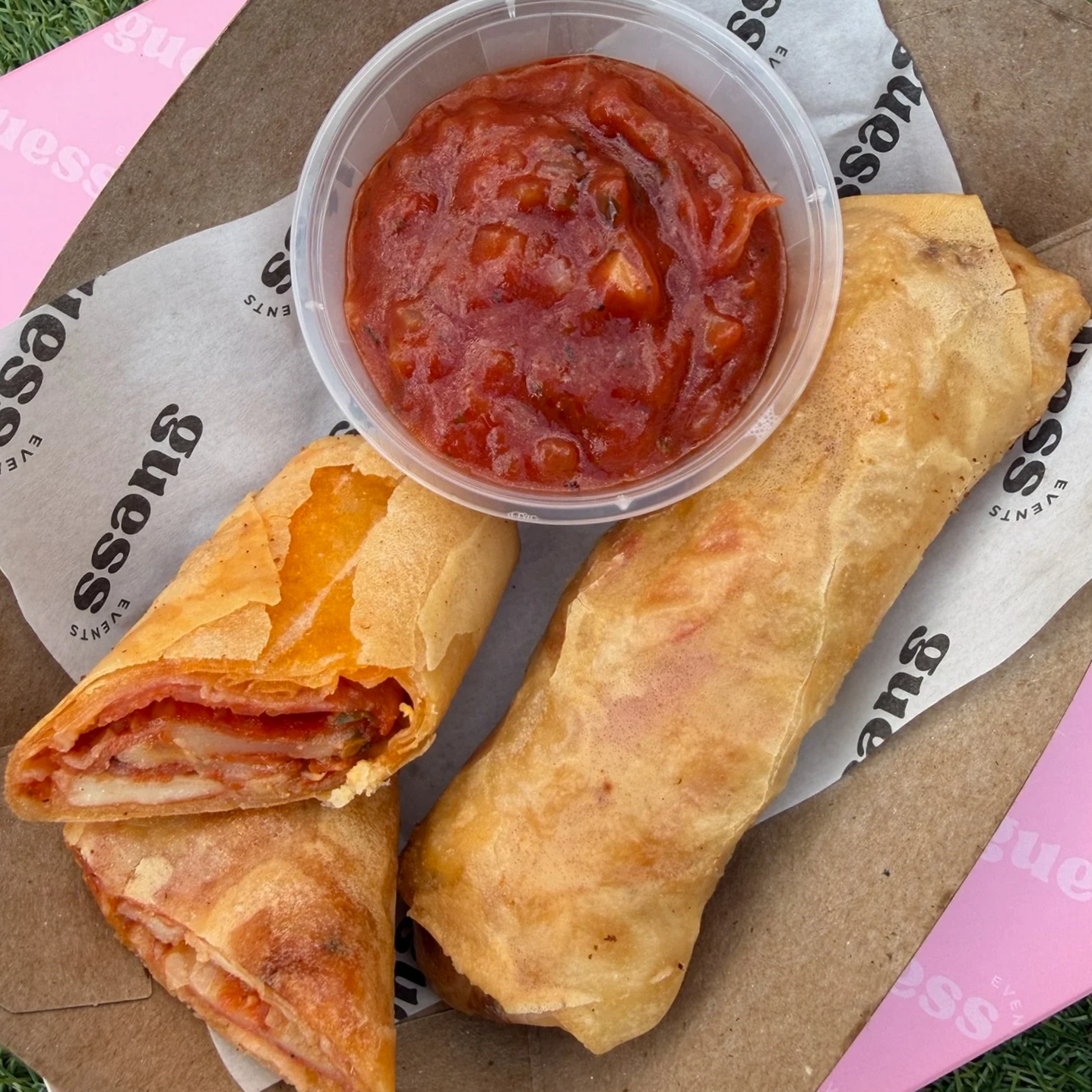 Guess Events exclusive pepperoni pizza spring rolls, unique evening food for weddings, corporate events, private parties and festivals in Devon and the South West UK
