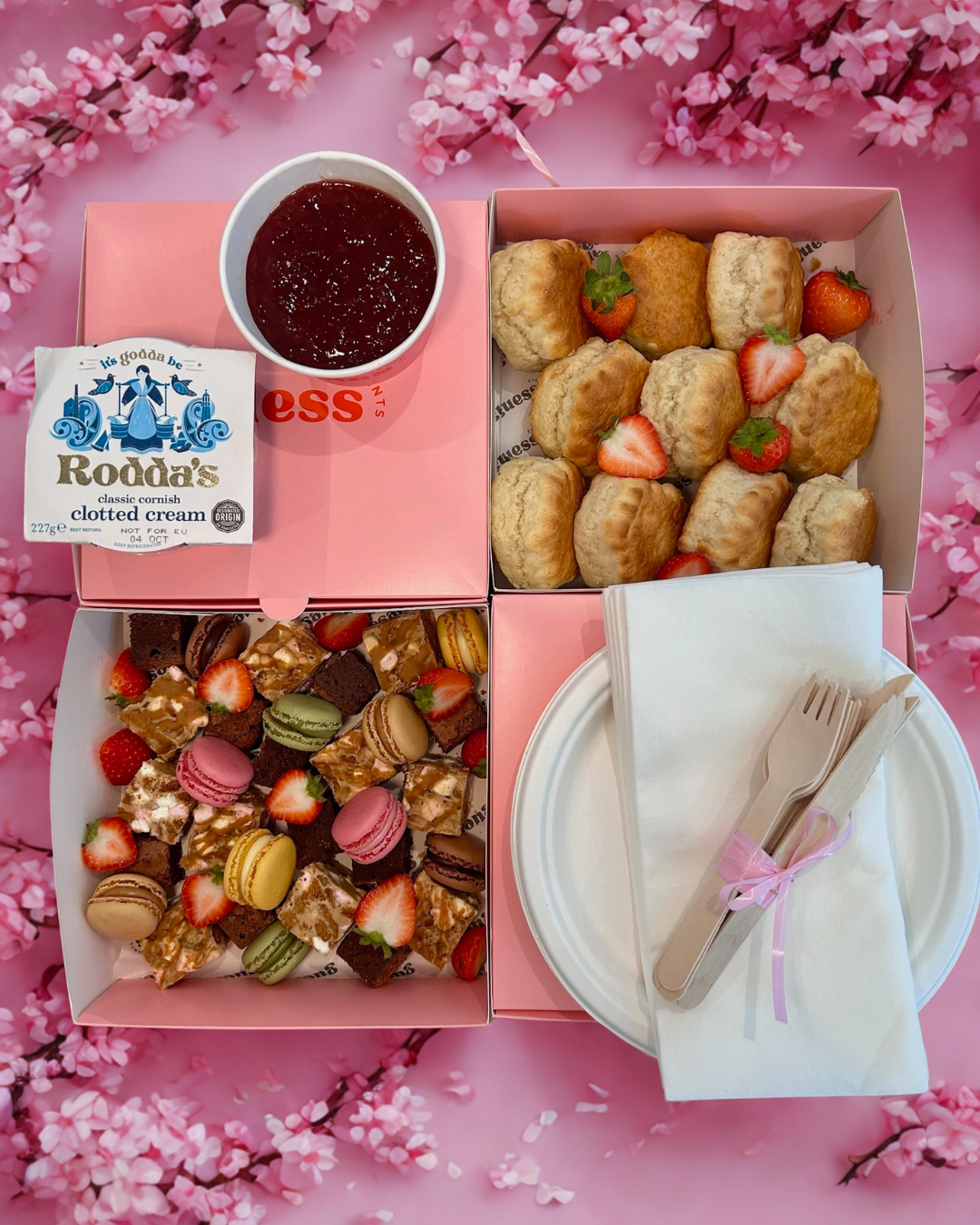 The Guess Events Jam packed afternoon tea hamper with freshly baked scones, selection of sandwiches and pasties. A luxury afternoon tea picnic hamper for weddings and events across North Devon, Devon and Cornwall.