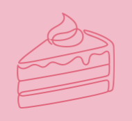 Line drawing of a slice of cake with a dollop of whipped cream on top, on a pink background.