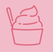 Pink outline of a cupcake with swirled frosting and a stick.
